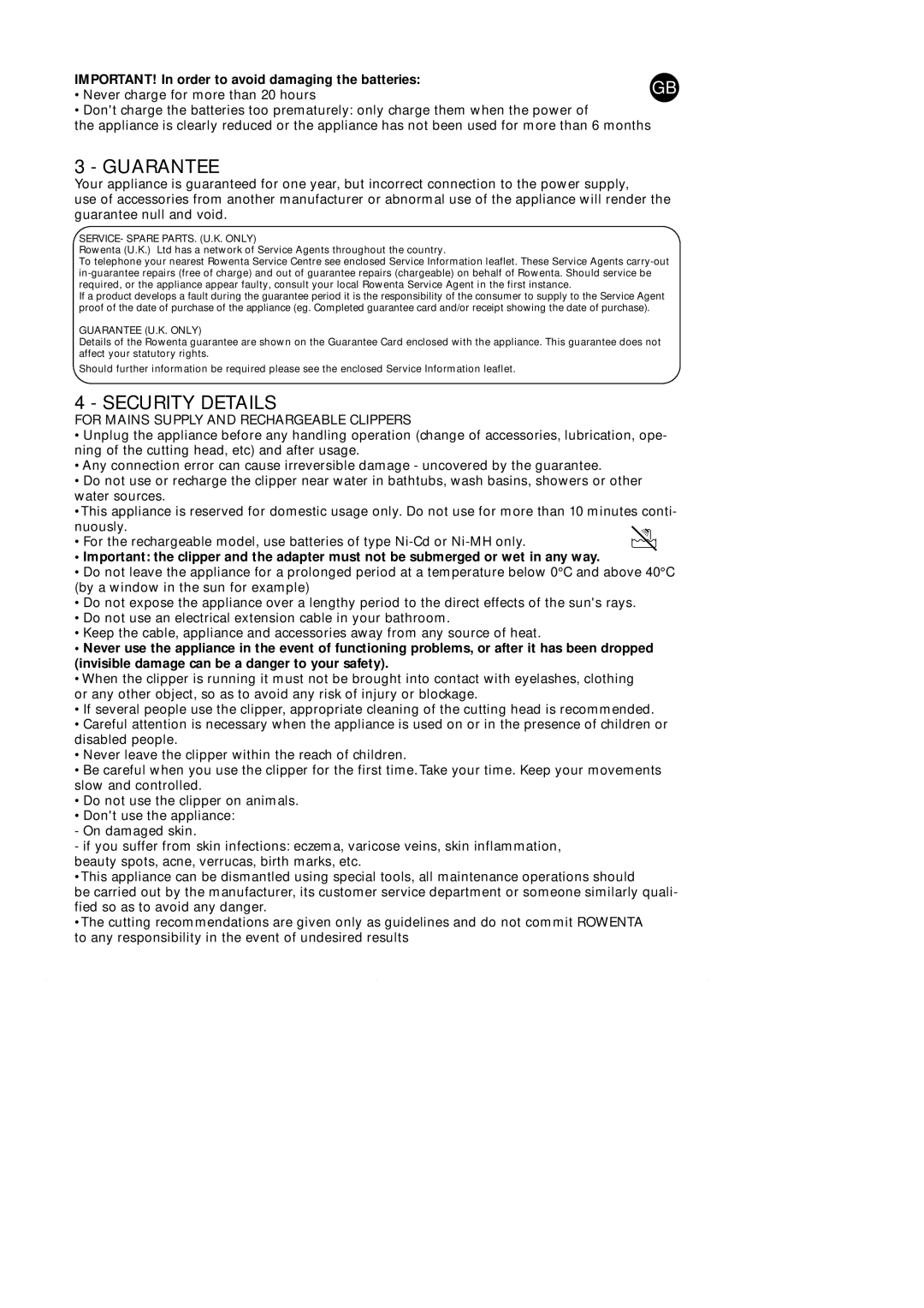 Rowenta HC 190 manual Guarantee, Security Details, IMPORTANT! In order to avoid damaging the batteries 