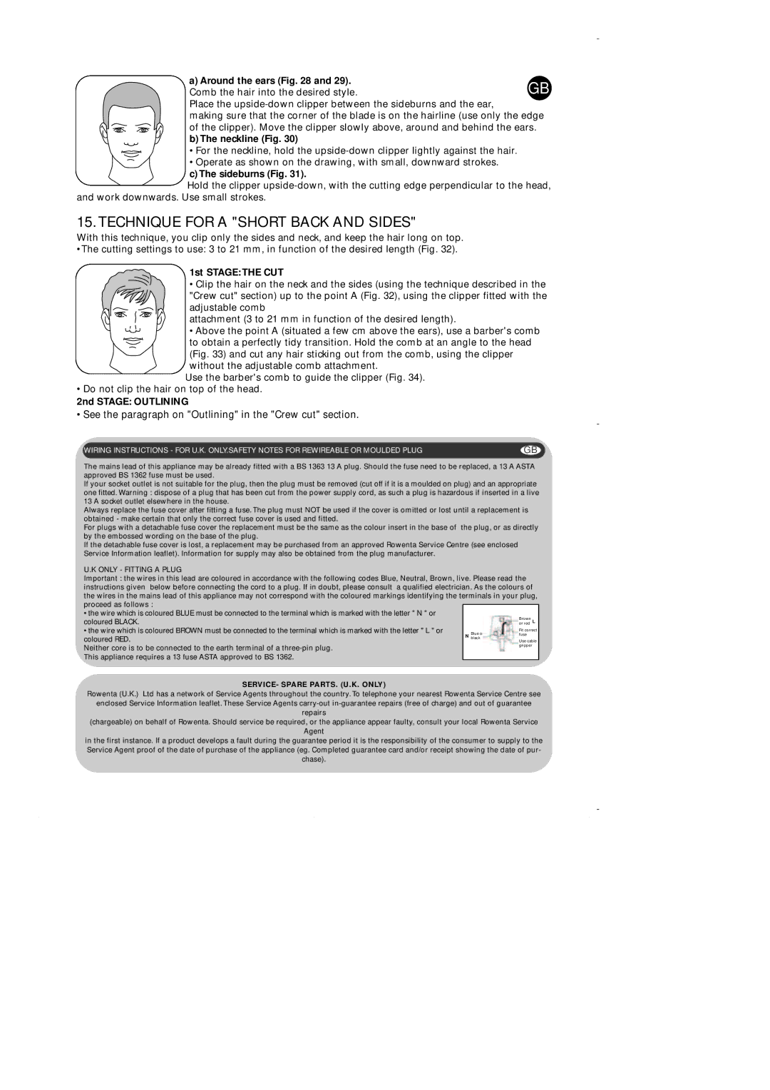 Rowenta HC080 manual Technique for a Short Back and Sides, Around the ears, Sideburns Fig 