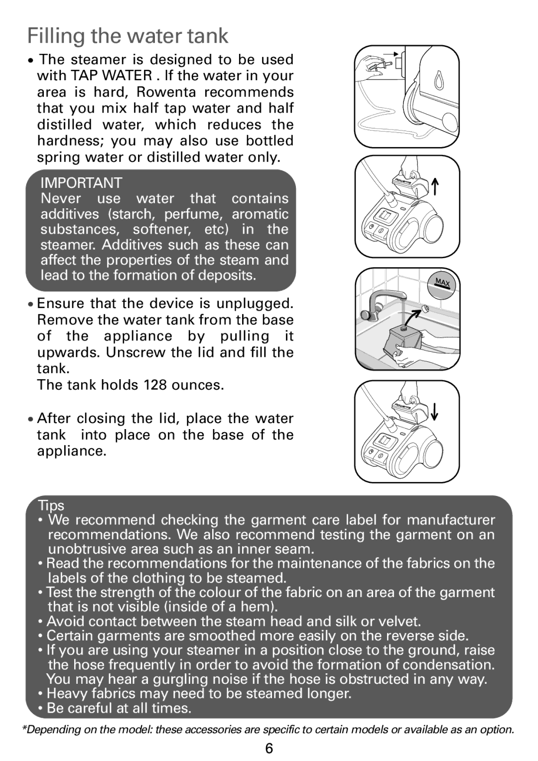 Rowenta IS9000 manual Filling the water tank 