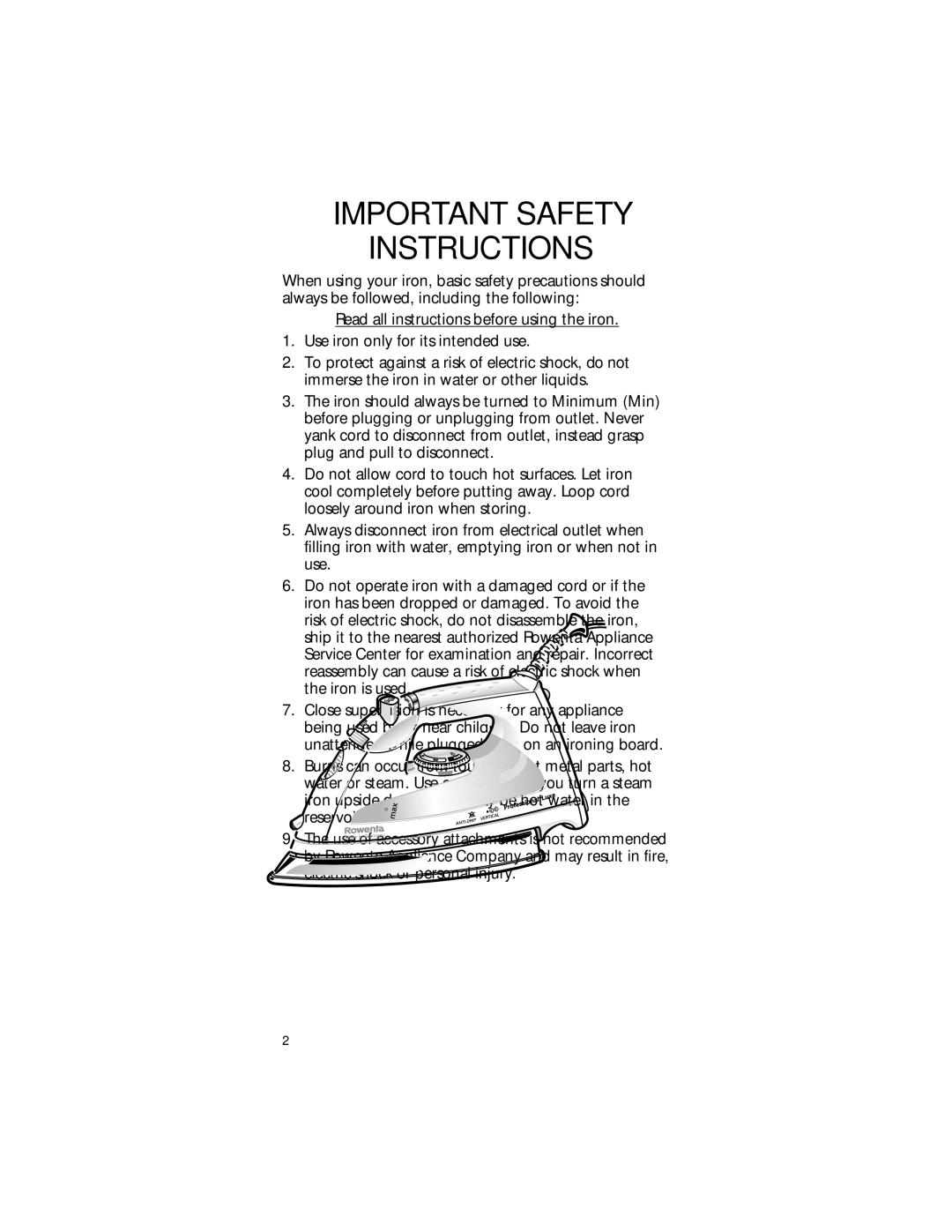 Rowenta Luxe Steam Iron manual Important Safety Instructions 