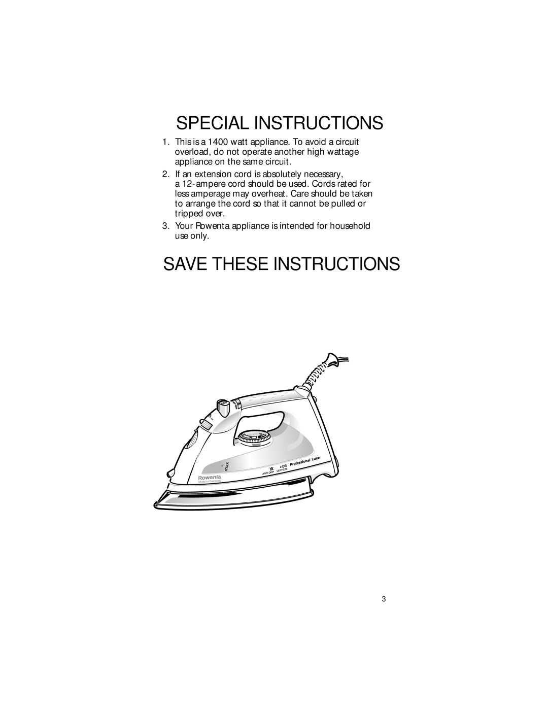 Rowenta Luxe Steam Iron manual Special Instructions 