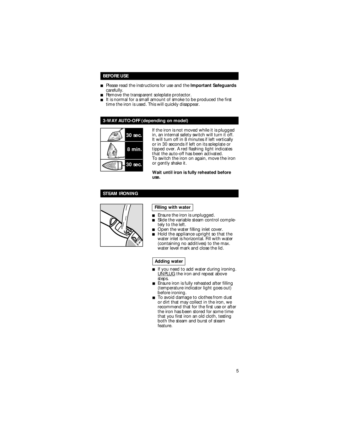 Rowenta Luxe Steam Iron manual Before USE, Wait until iron is fully reheated before use, Steam Ironing, Filling with water 