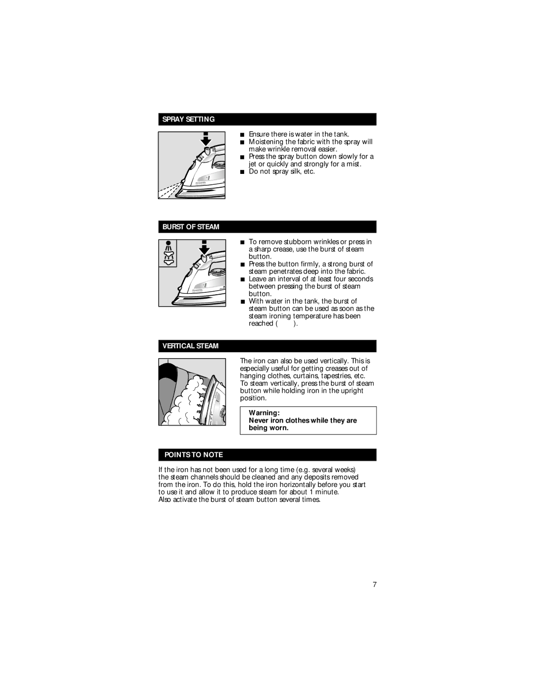 Rowenta Luxe Steam Iron manual Spray Setting, Burst of Steam, Vertical Steam, Never iron clothes while they are being worn 