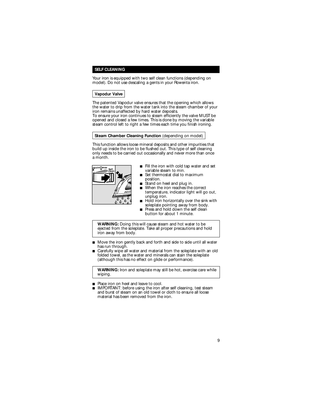 Rowenta P2 Professional manual Self Cleaning, Vapodur Valve, Steam Chamber Cleaning Function depending on model 