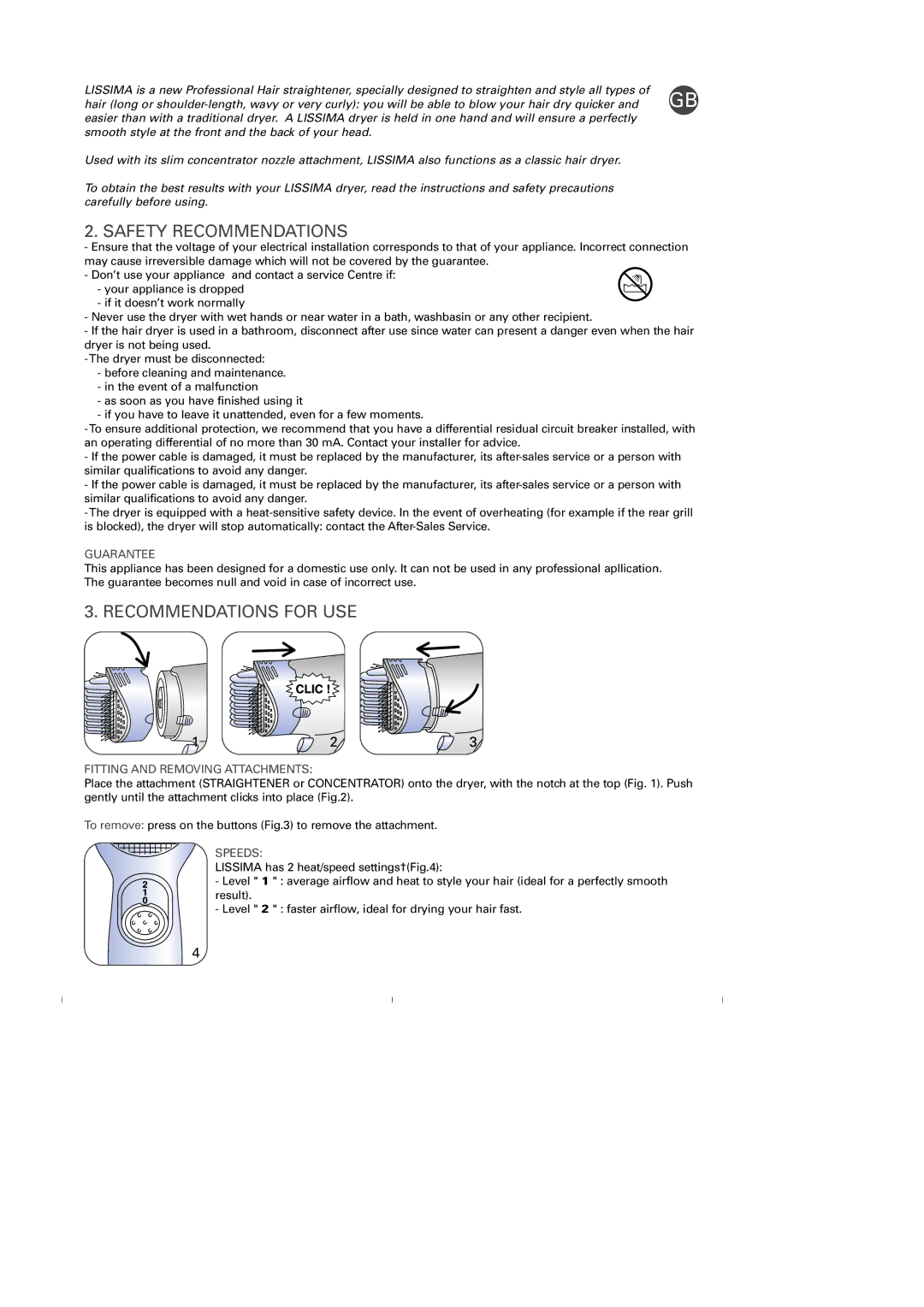 Rowenta PH570 manual Safety Recommendations, Recommendations for USE, Guarantee, Fitting and Removing Attachments, Speeds 