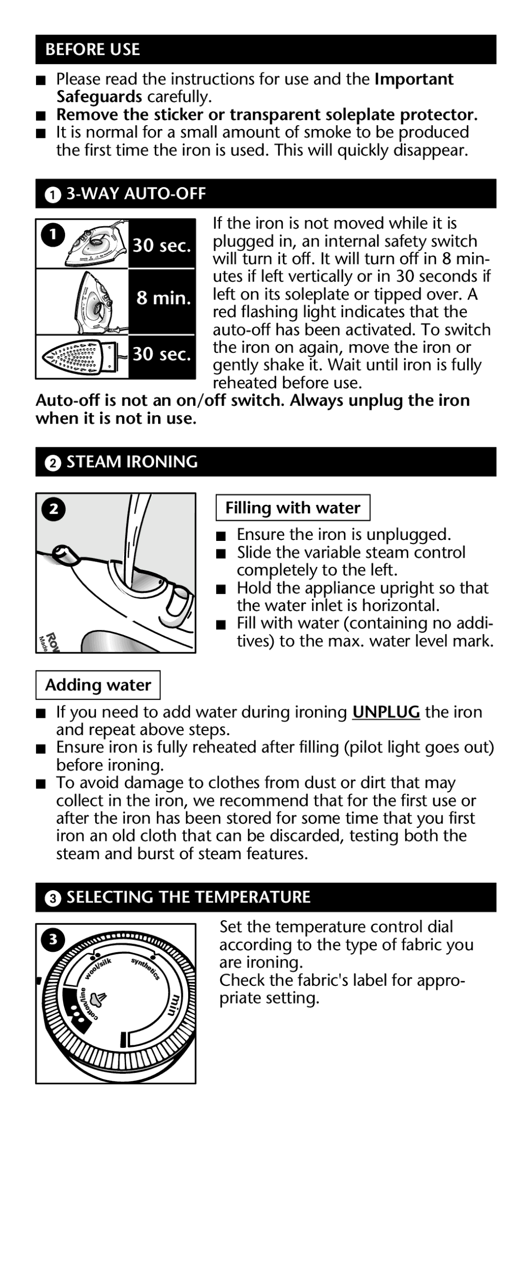 Rowenta Power Press manual Before USE, Way Auto-Off, Steam Ironing, Selecting the Temperature 