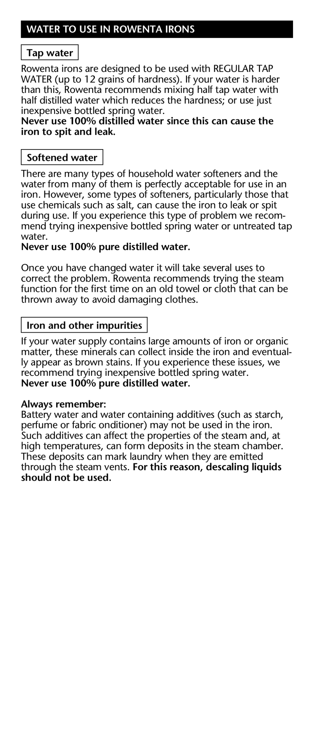 Rowenta Power Press manual Water to USE in Rowenta Irons, Tap water, Never use 100% pure distilled water 