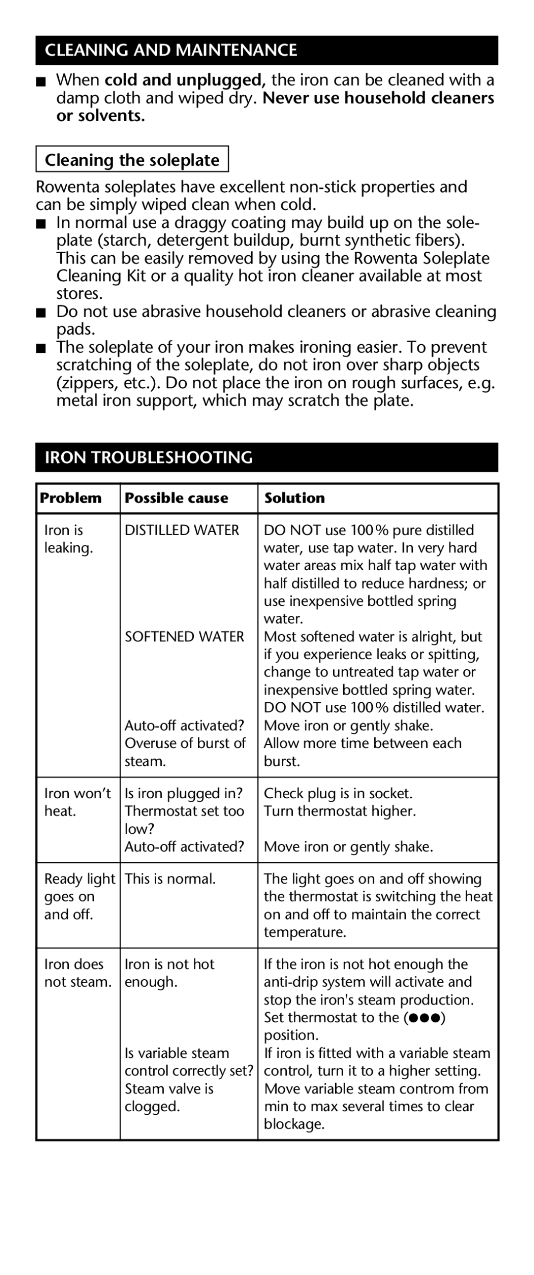 Rowenta Power Press manual Cleaning and Maintenance, Cleaning the soleplate, Iron Troubleshooting 