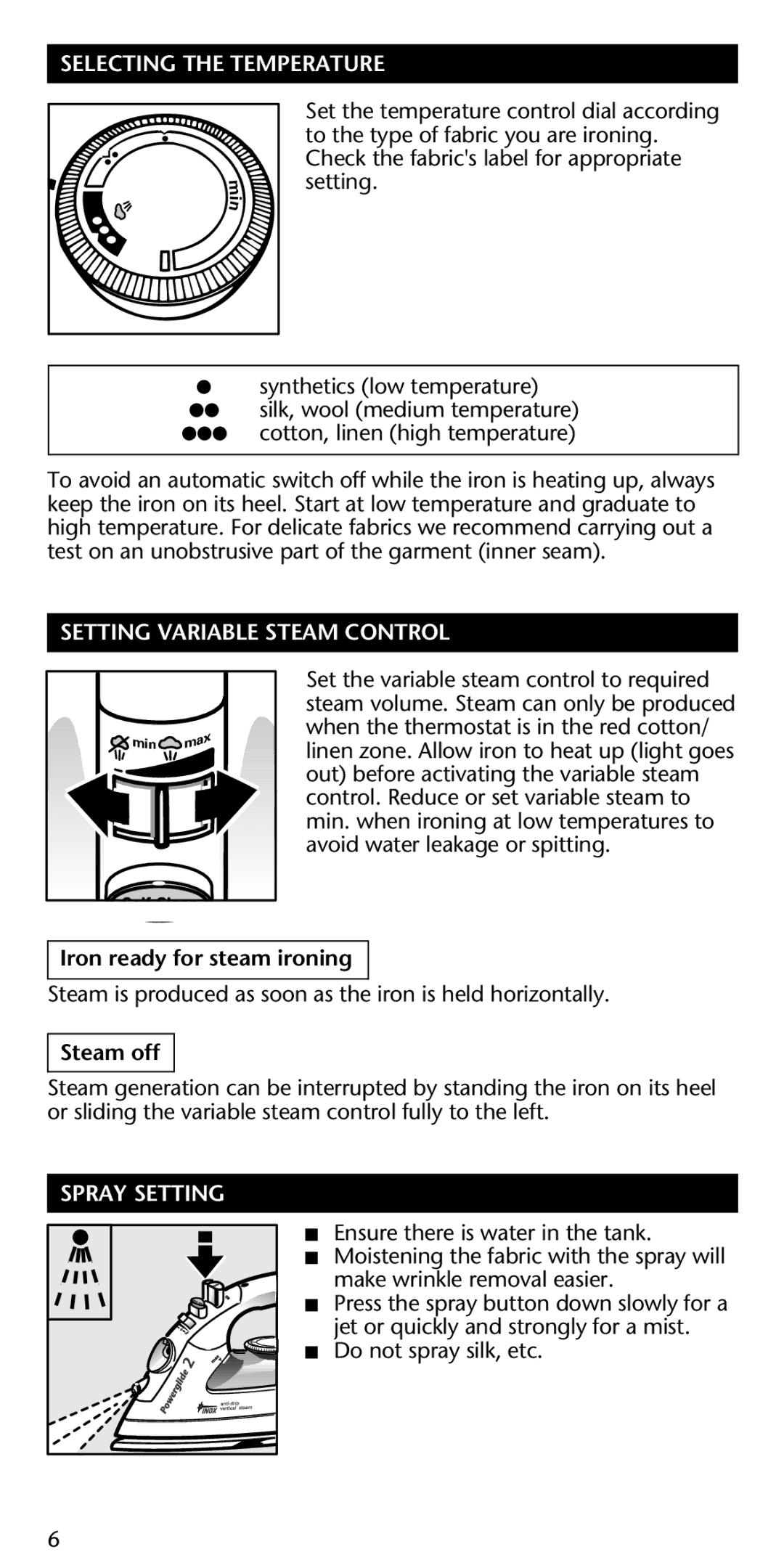 Rowenta Powerglide 2 Selecting the Temperature, Setting Variable Steam Control, Iron ready for steam ironing, Steam off 