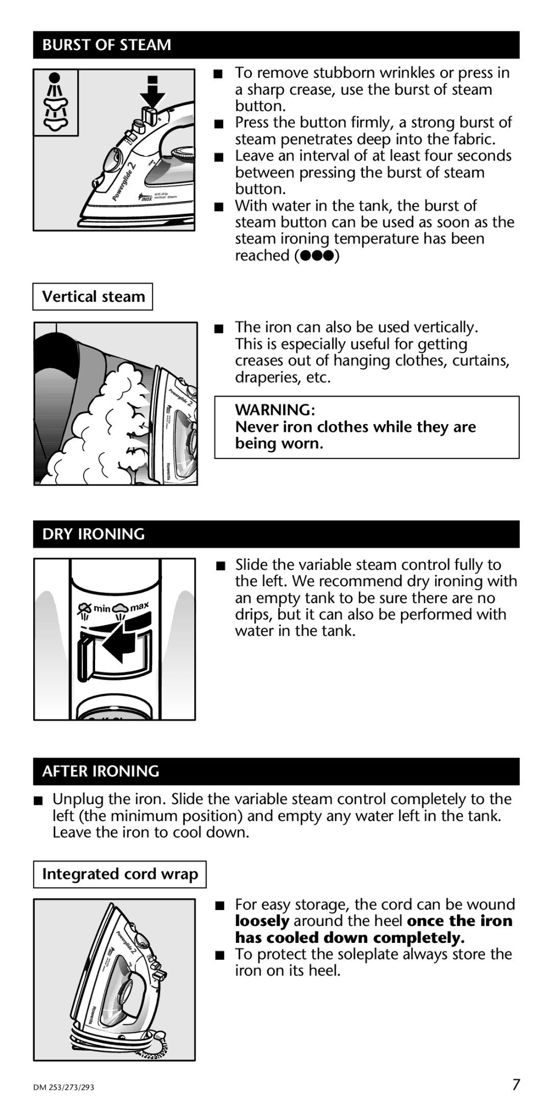 Rowenta Powerglide 2 manual Burst of Steam, DRY Ironing, After Ironing 