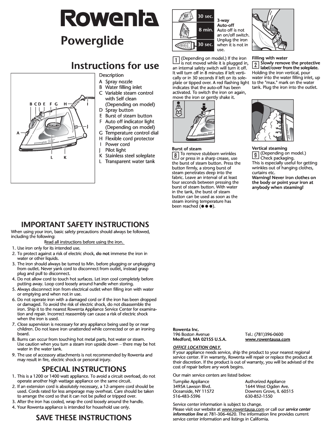 Rowenta Powerglide Steam Iron important safety instructions Instructions for use, Important Safety Instructions, 8 min 