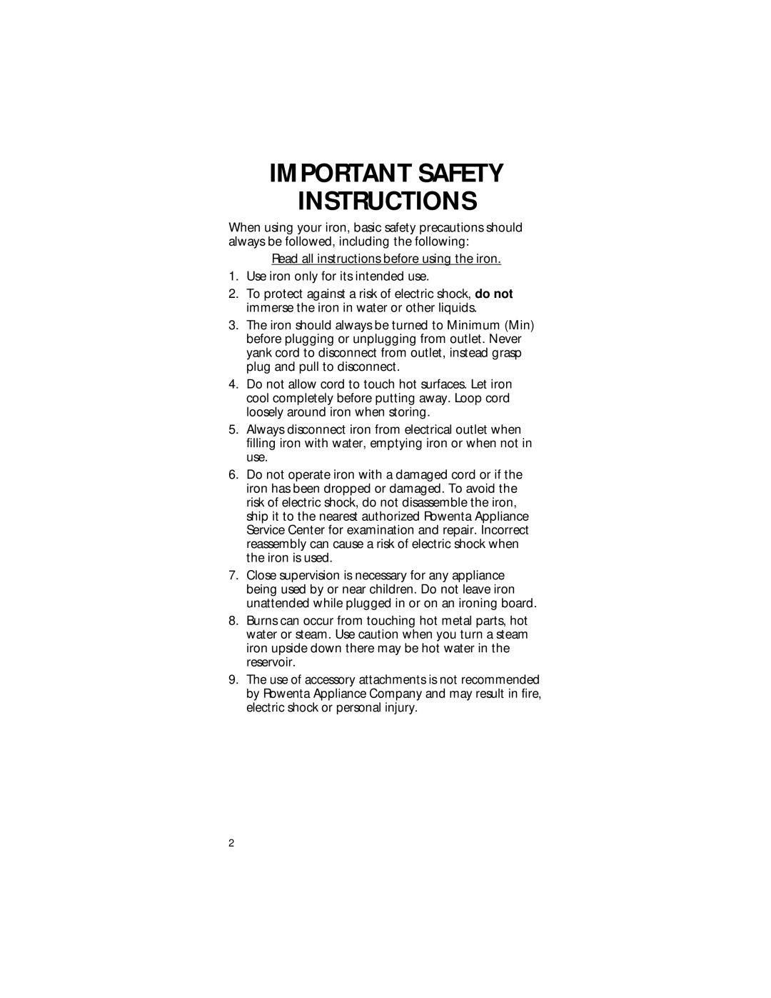 Rowenta Precision Steam Iron manual Important Safety Instructions 