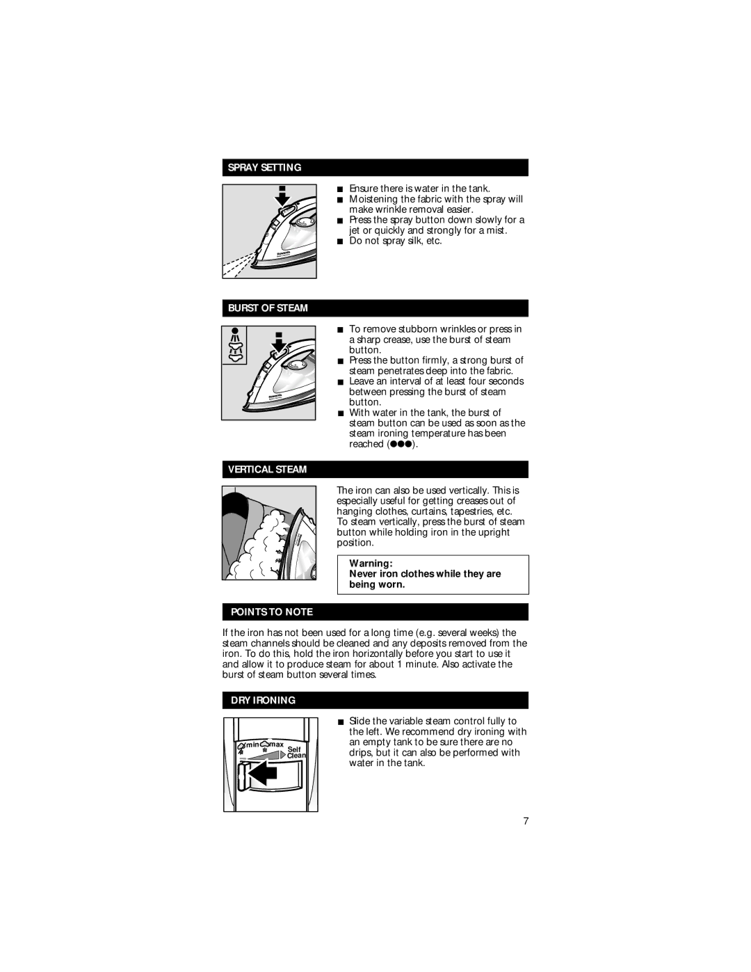 Rowenta Professional Steam Iron manual Spray Setting, Burst of Steam, Vertical Steam, Points to Note, DRY Ironing 