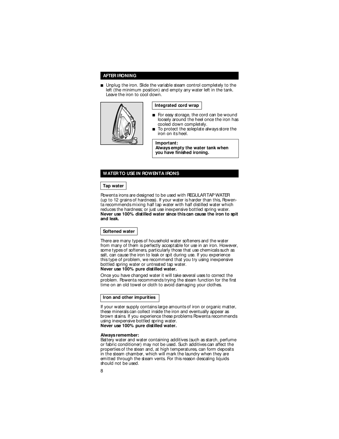 Rowenta Professional Steam Iron manual After Ironing, Water to USE in Rowenta Irons 