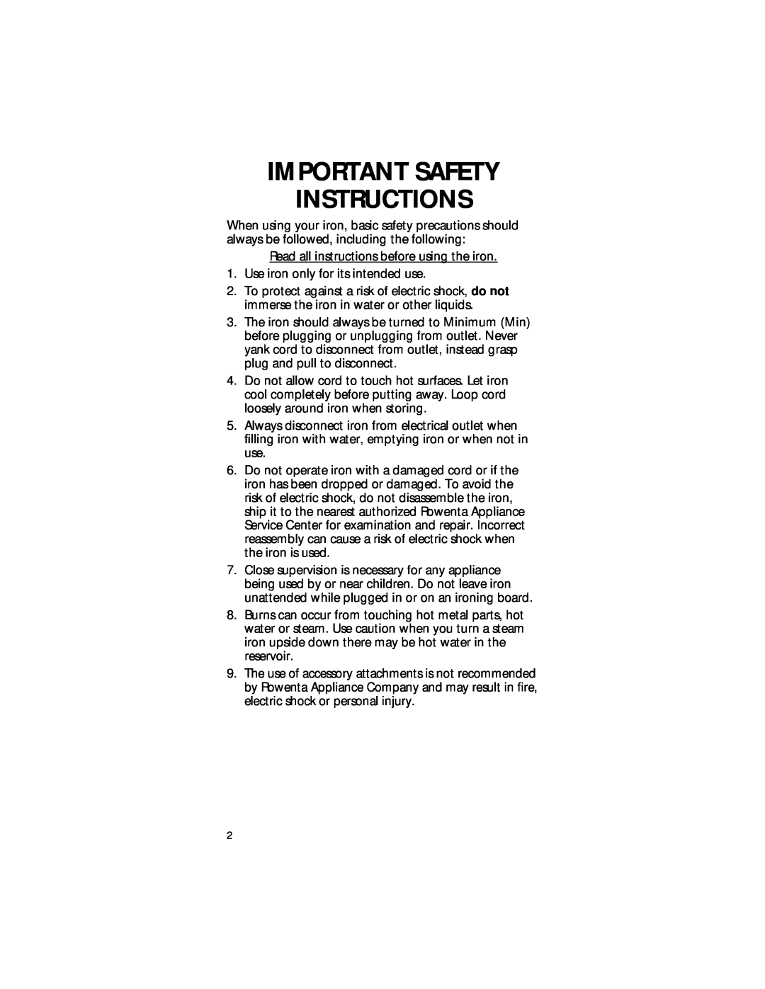 Rowenta Professional Steam Iron manual Important Safety Instructions 