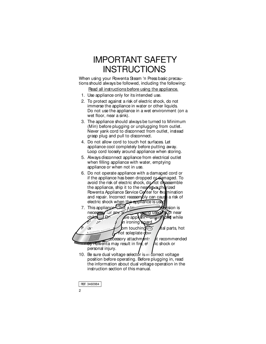 Rowenta REF. 3460984 manual Important Safety Instructions 