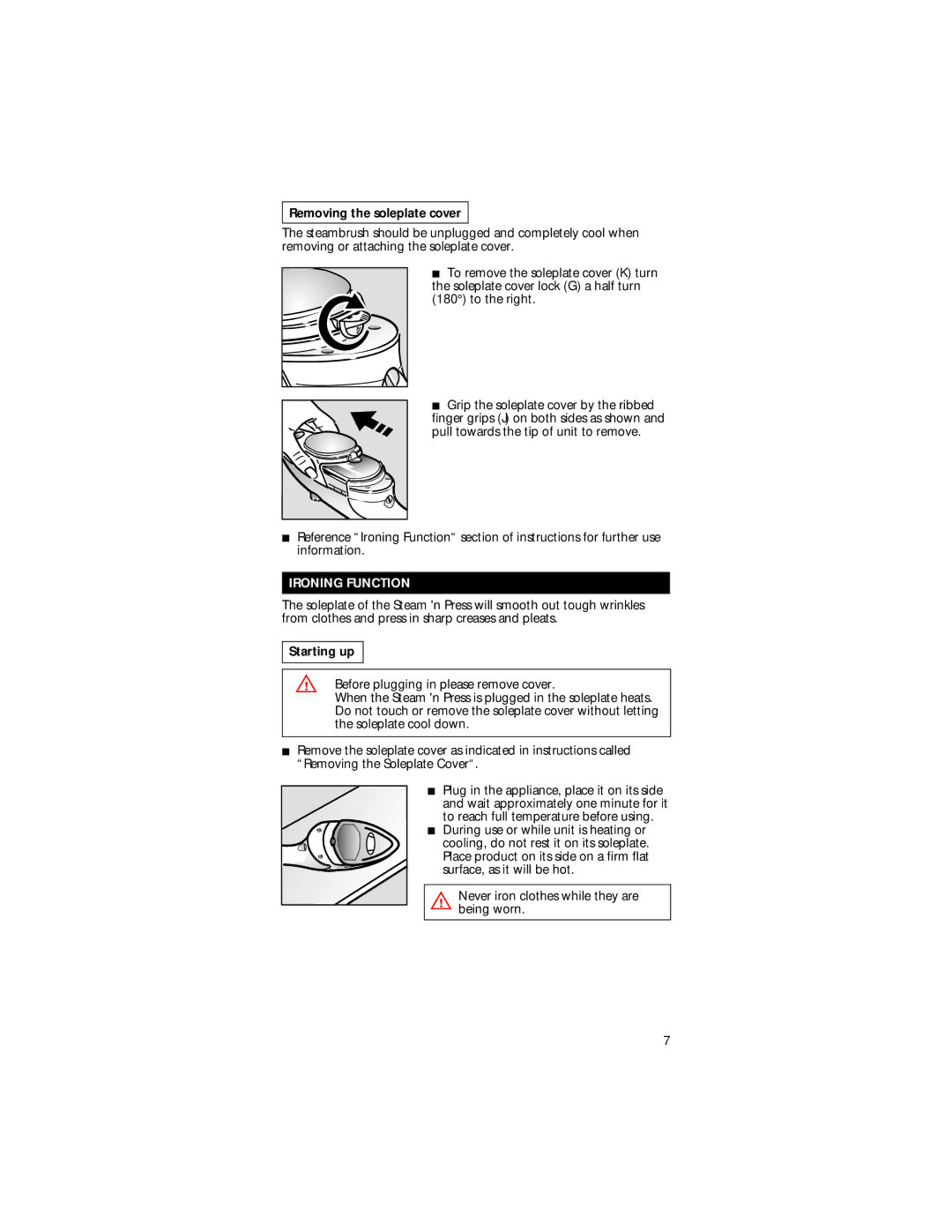 Rowenta REF. 3460984 manual Removing the soleplate cover, Ironing Function, Starting up 