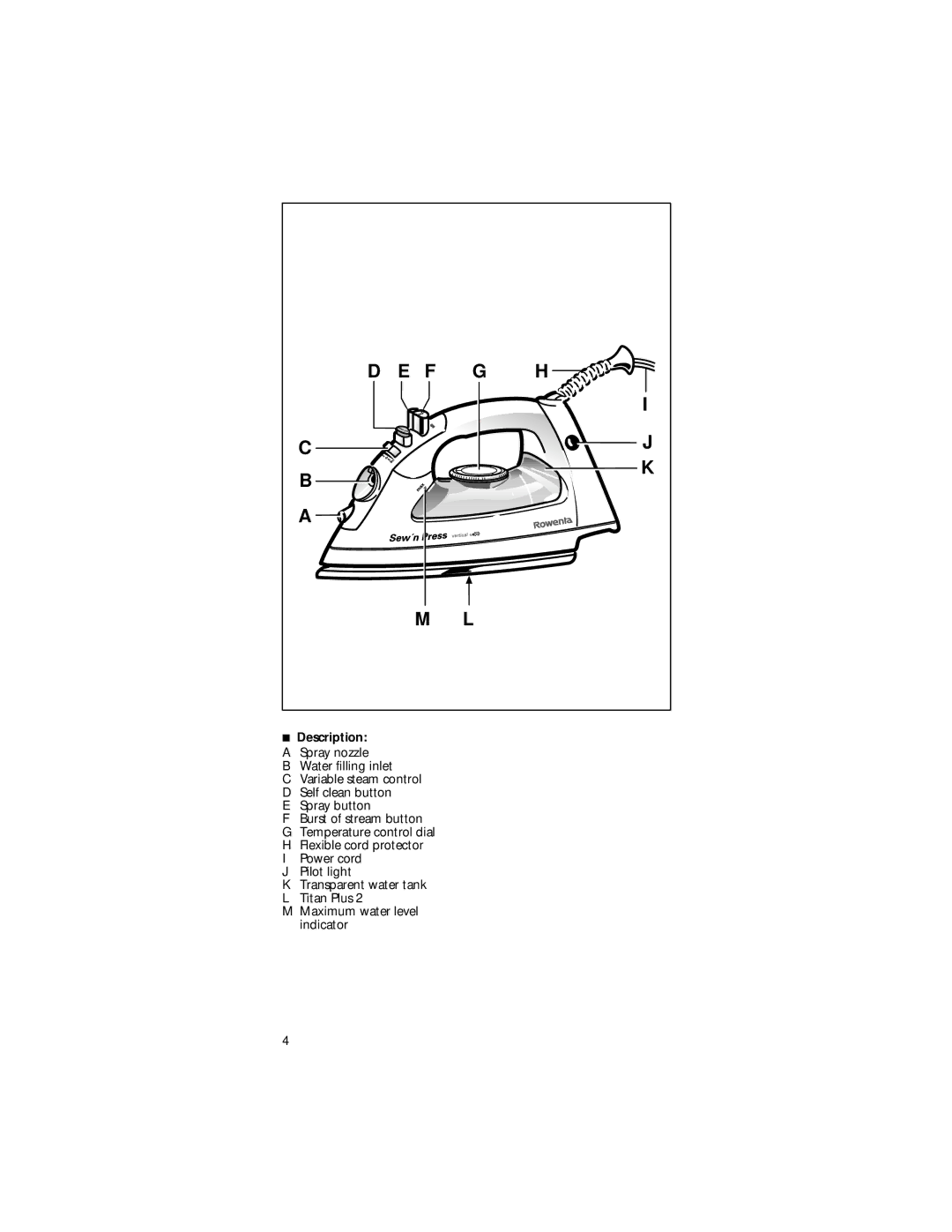 Rowenta Sew 'n' Press Steam Iron manual Description 