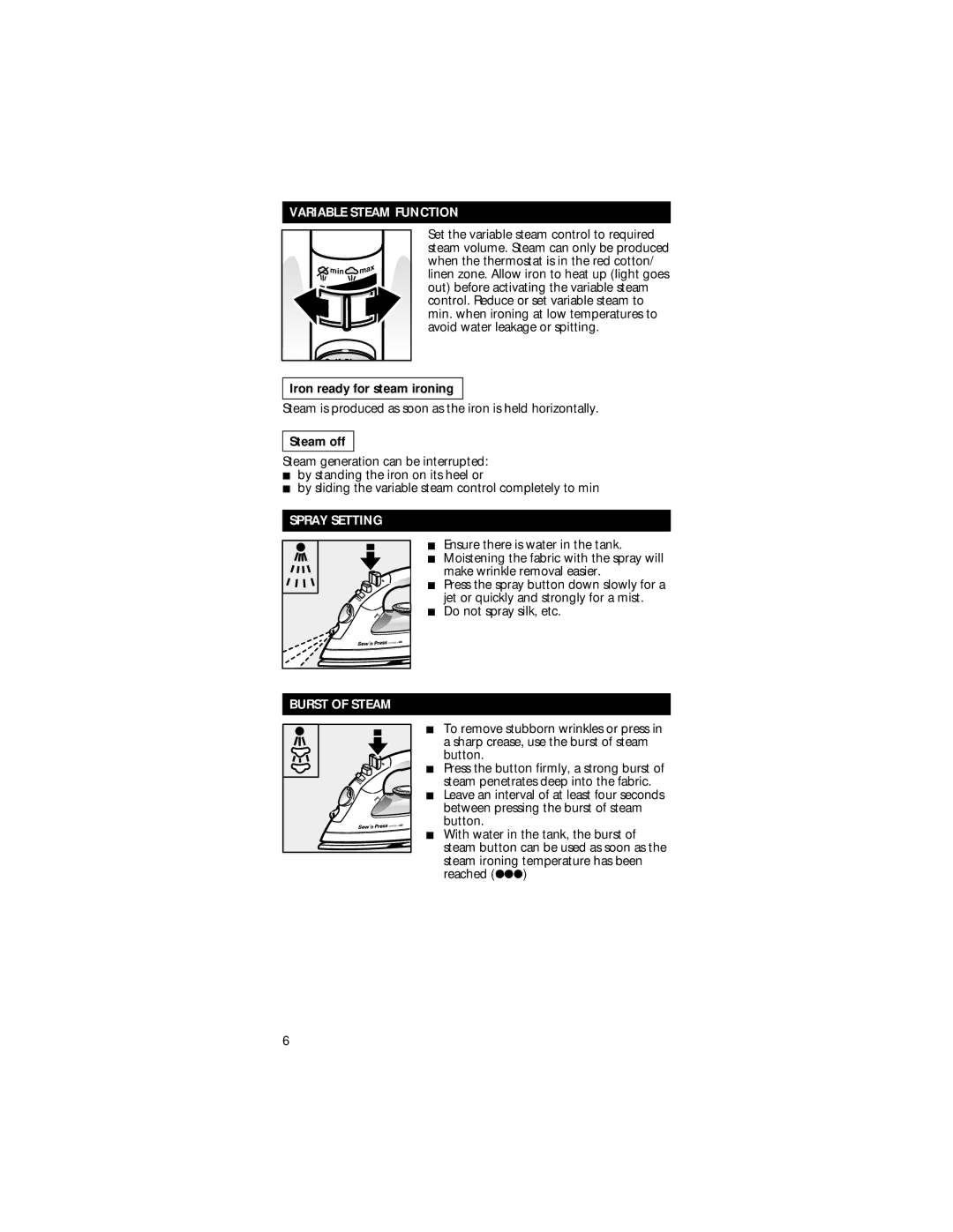 Rowenta Sew 'n' Press Steam Iron manual Variable Steam Function, Iron ready for steam ironing, Steam off, Spray Setting 