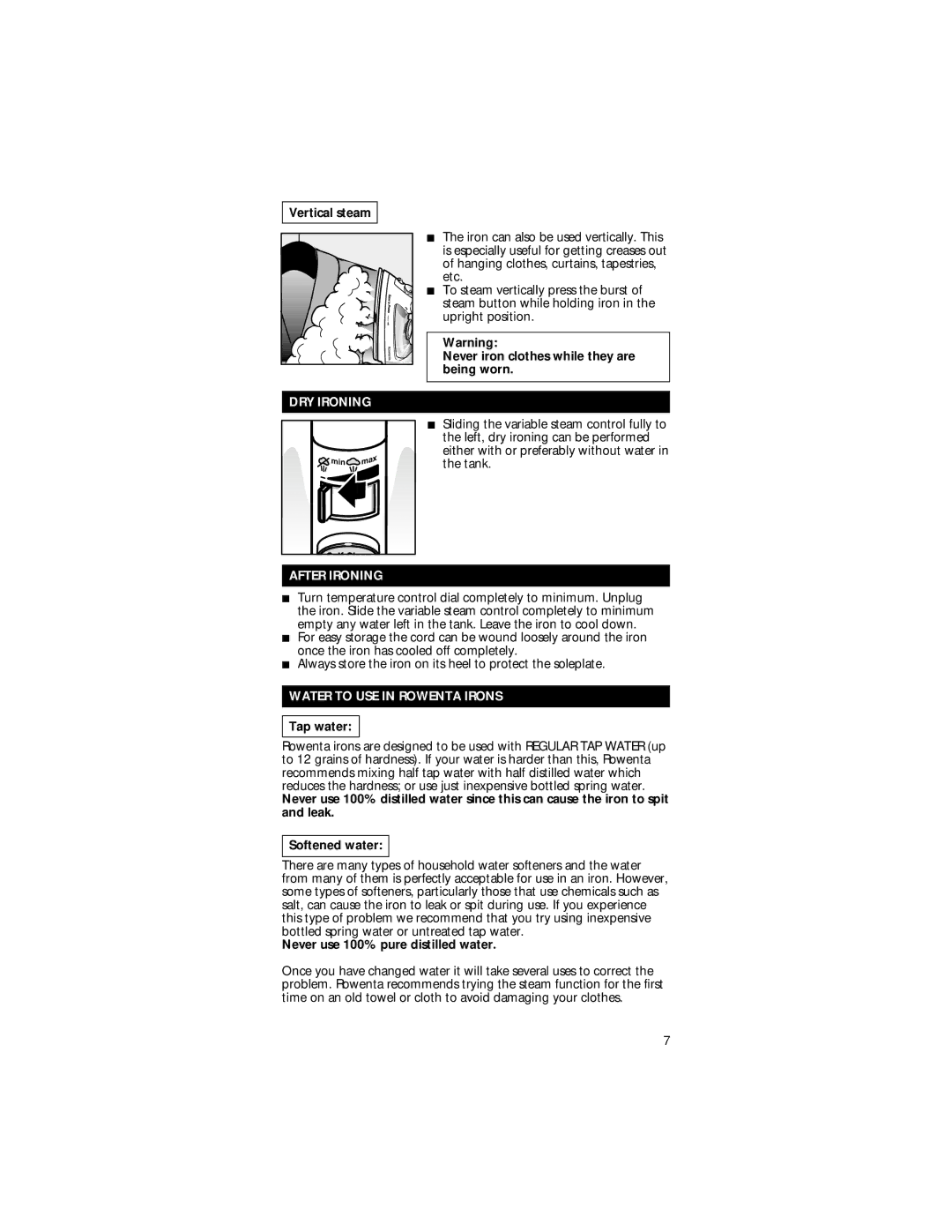Rowenta Sew 'n' Press Steam Iron manual DRY Ironing, After Ironing, Water to USE in Rowenta Irons 