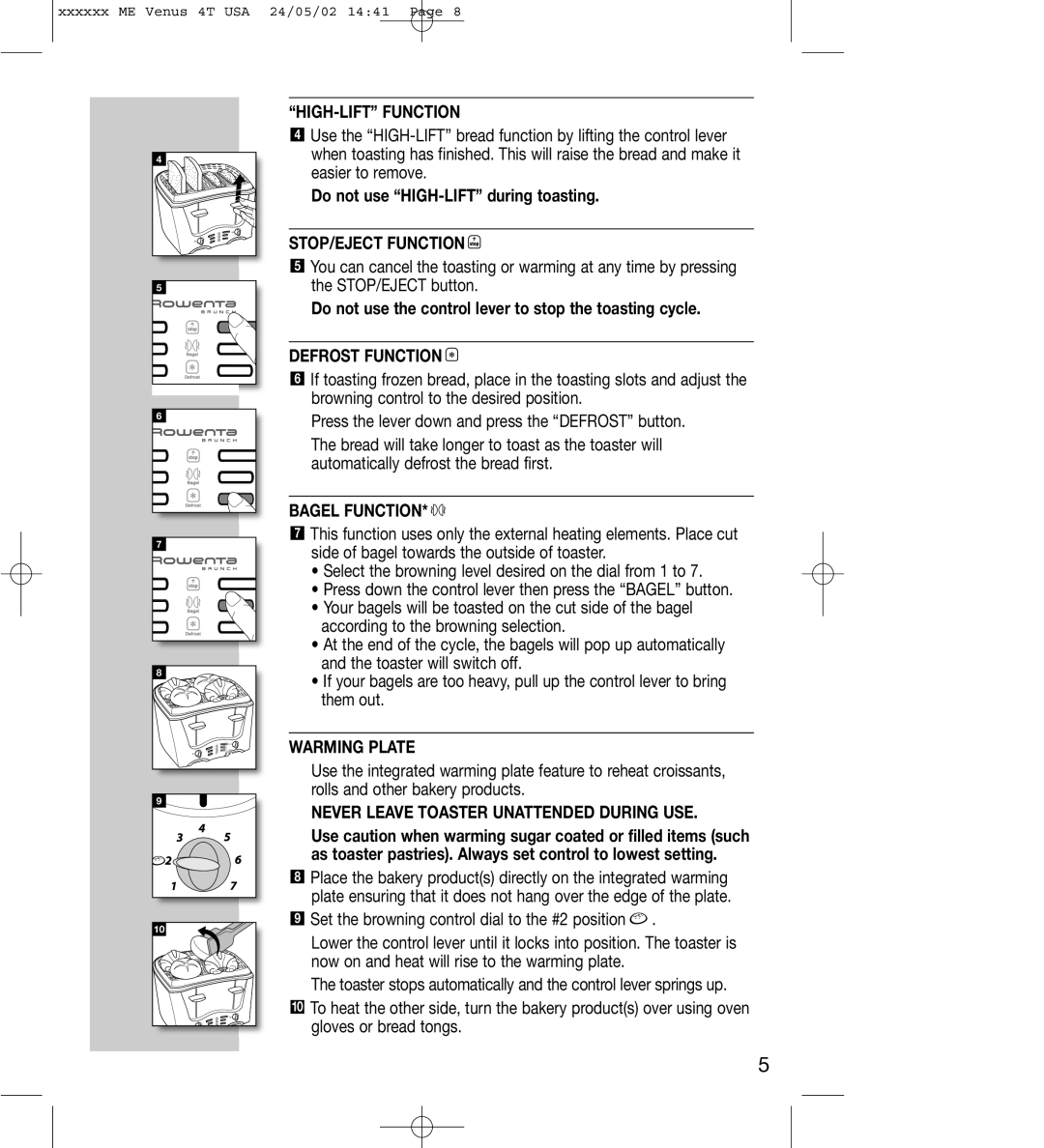 Rowenta TO 90, TO 91 manual HIGH-LIFT Function, STOP/EJECT Function, Defrost Function, Bagel Function, Warming Plate 