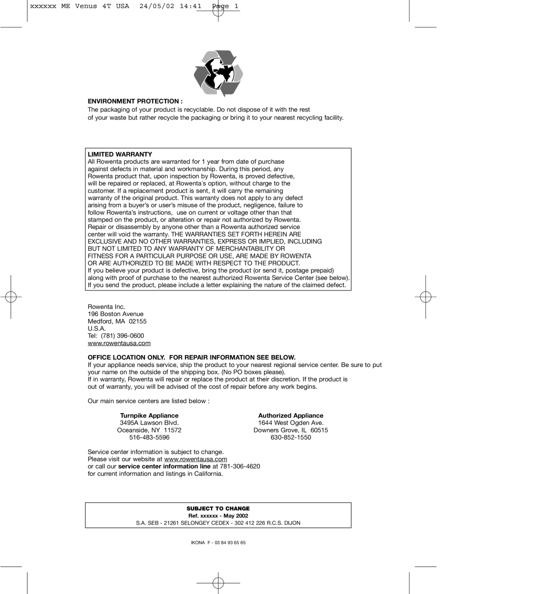 Rowenta TO 91, TO 90 manual Environment Protection 