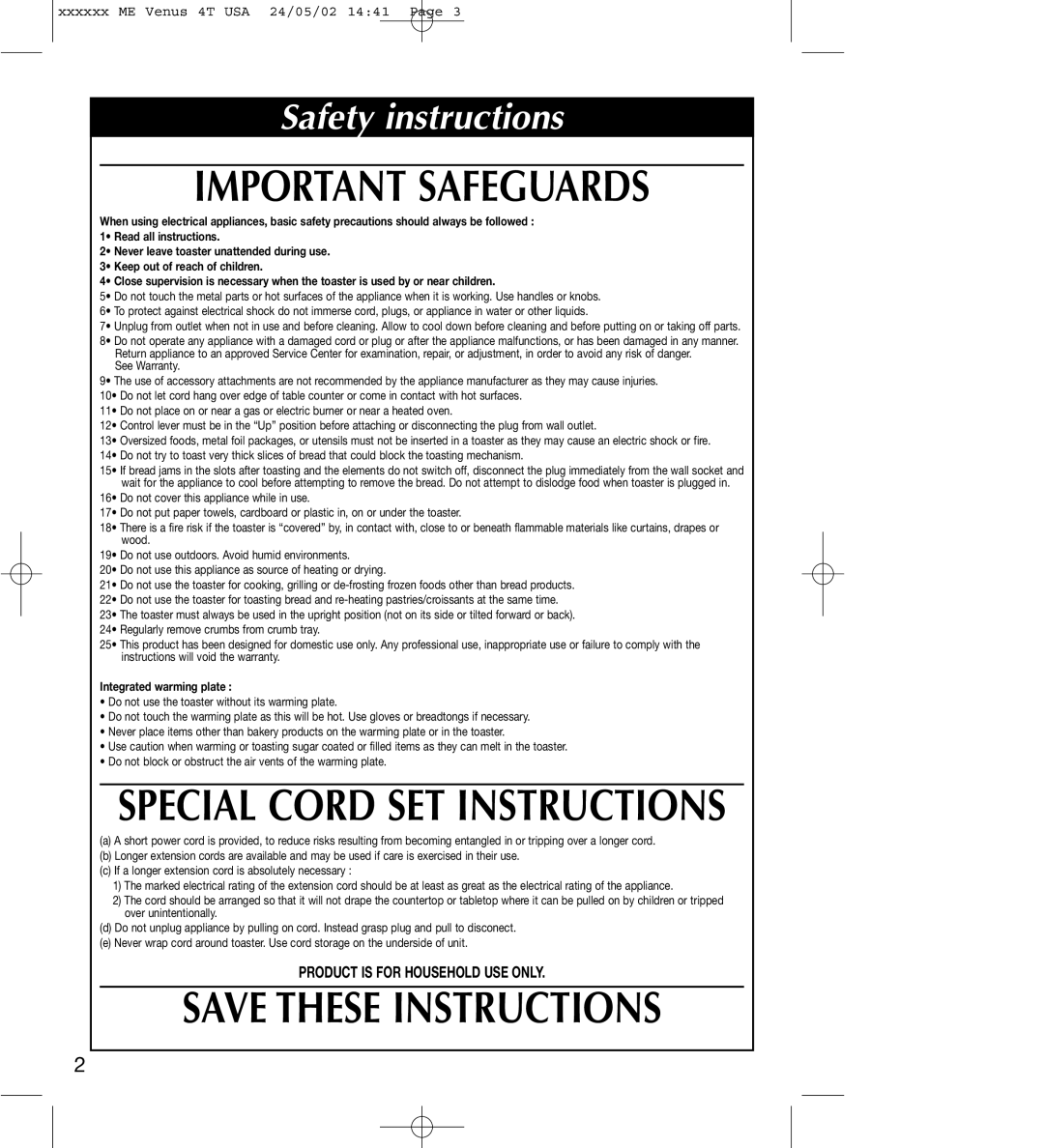 Rowenta TO 91, TO 90 Important Safeguards, Save These Instructions, Special Cord Set Instructions, Safety instructions 