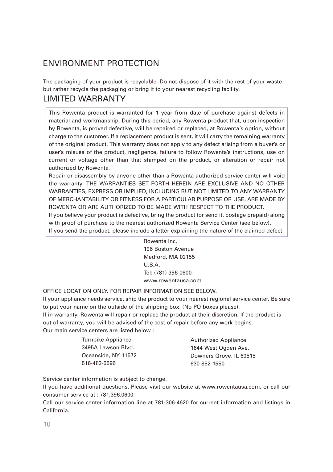 Rowenta Toaster manual Environment Protection, Limited Warranty 