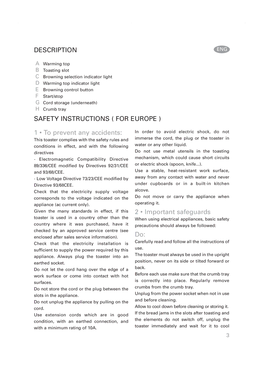 Rowenta Toaster manual Description, Safety Instructions for Europe, To prevent any accidents, Important safeguards 