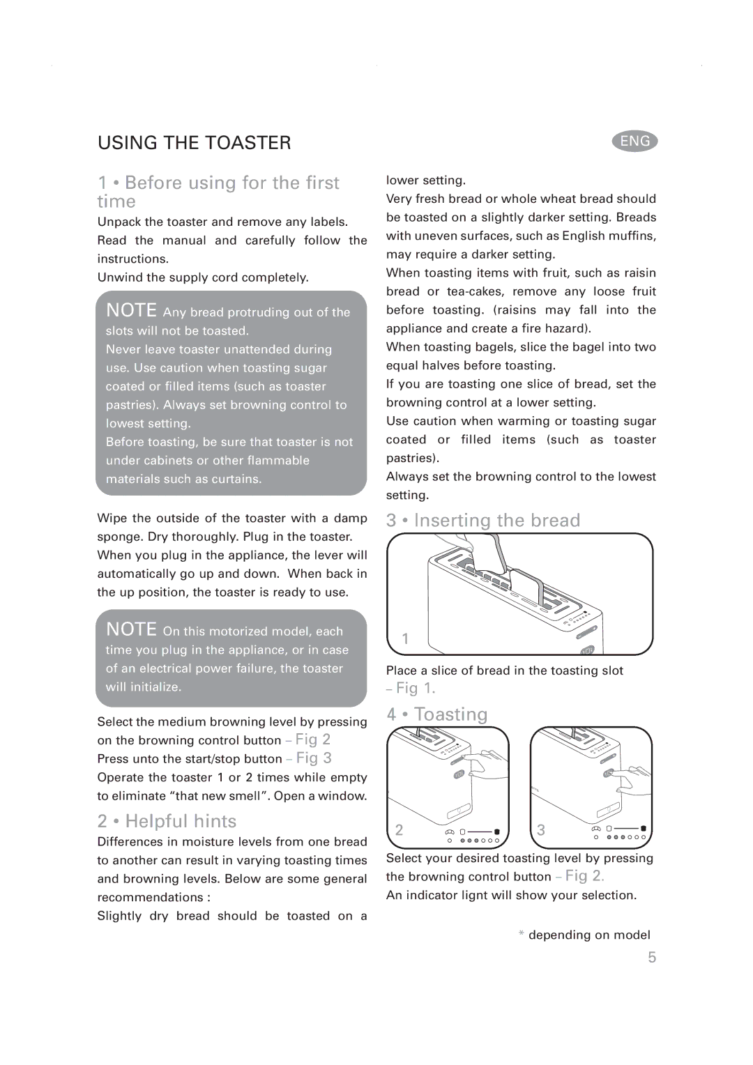 Rowenta manual Using the Toaster, Before using for the first time, Helpful hints, Inserting the bread, Toasting 