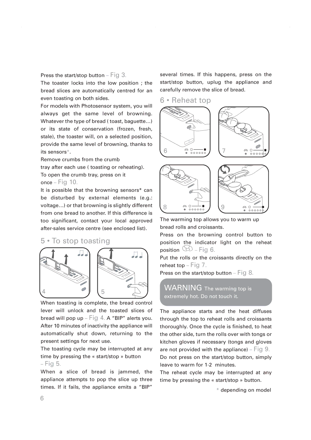 Rowenta Toaster manual To stop toasting, Reheat top 