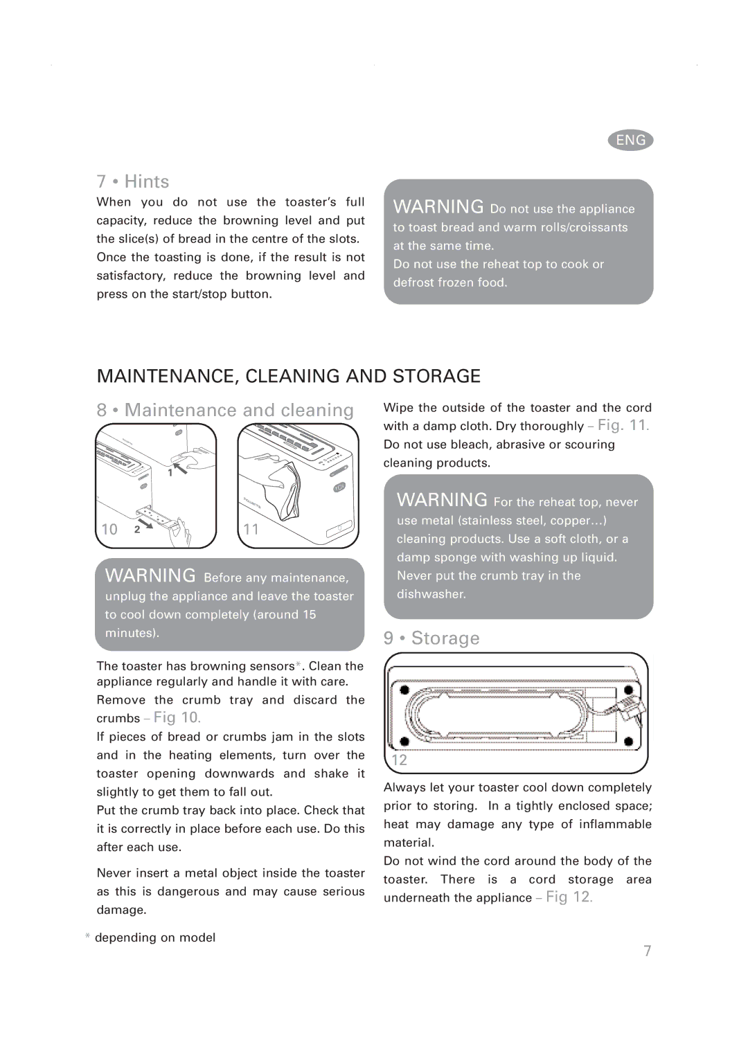 Rowenta Toaster manual Hints, MAINTENANCE, Cleaning and Storage, Maintenance and cleaning 