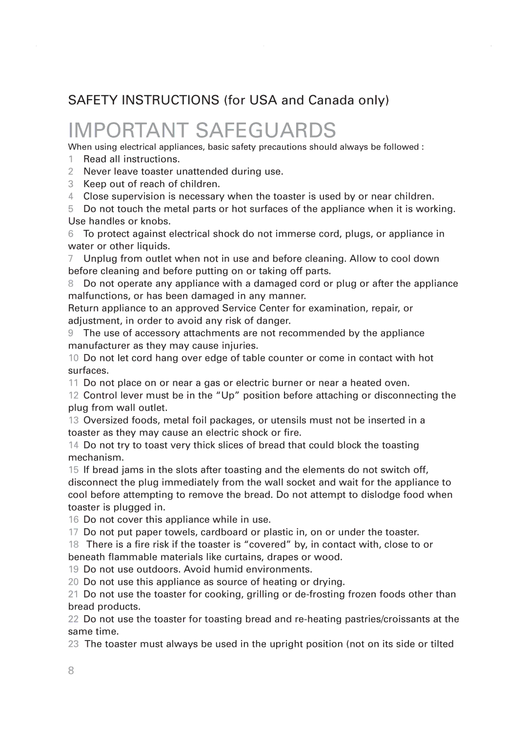 Rowenta Toaster manual Important Safeguards 