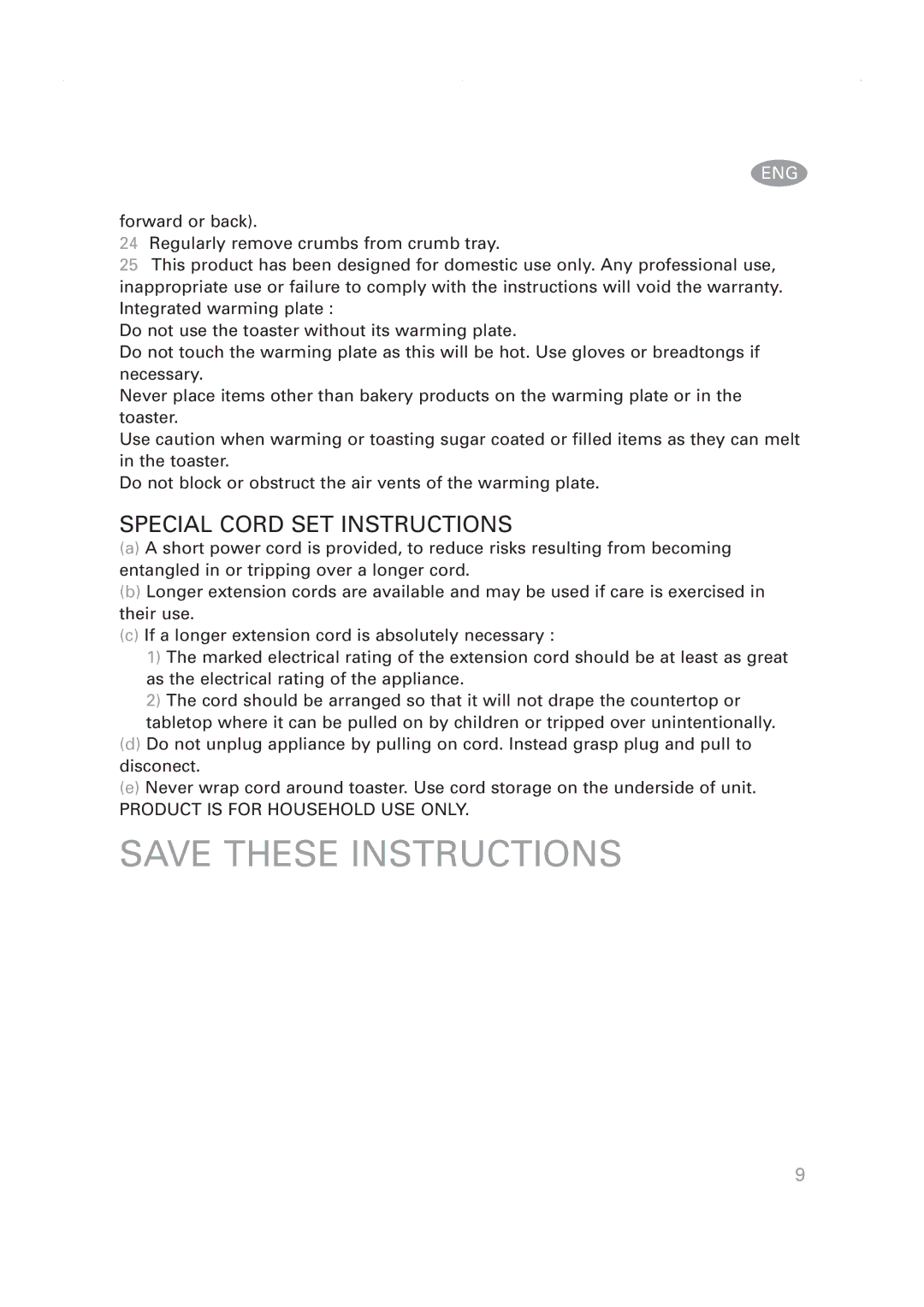 Rowenta Toaster manual Special Cord SET Instructions 