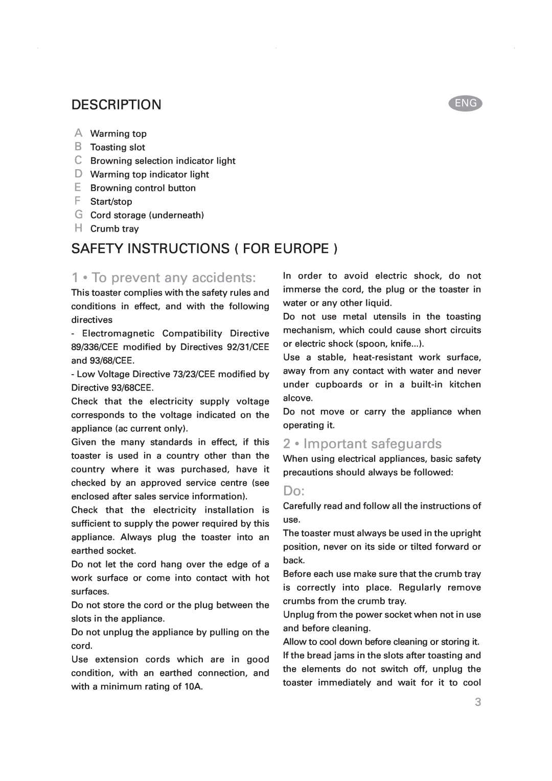 Rowenta Toaster manual Description, Safety Instructions For Europe, To prevent any accidents, Important safeguards 