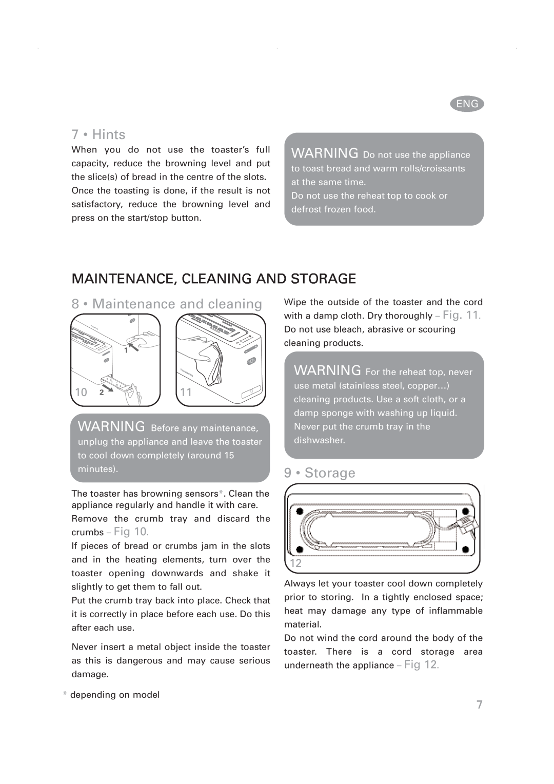 Rowenta Toaster manual Hints, Maintenance, Cleaning And Storage, Maintenance and cleaning 
