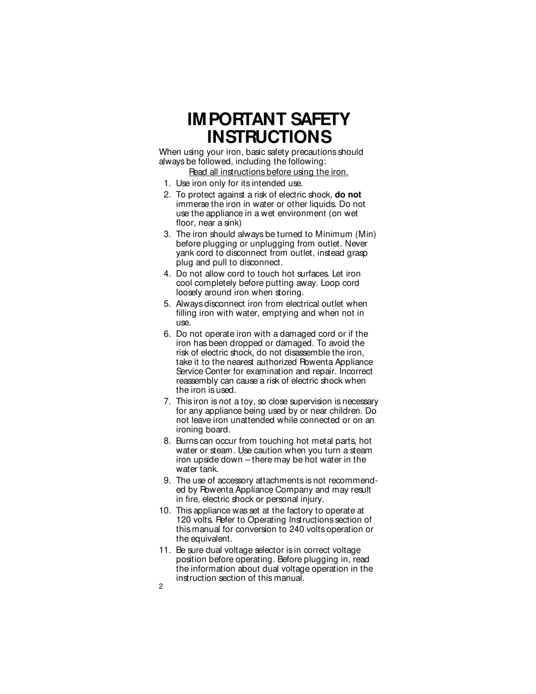 Rowenta Travel Iron manual Important Safety Instructions 