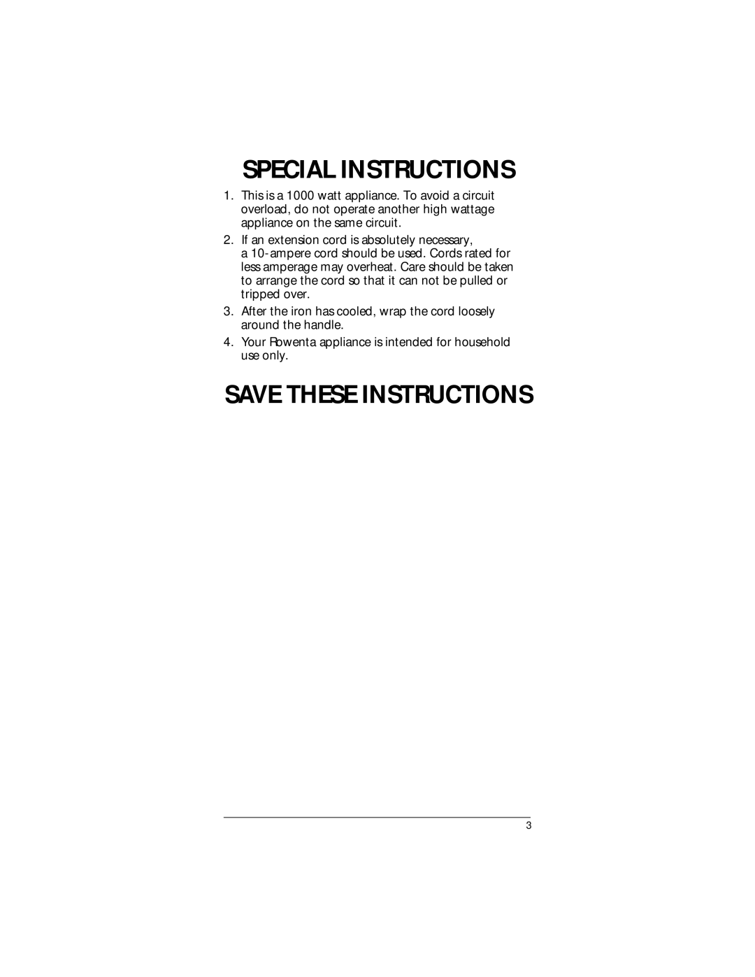 Rowenta Travel Iron manual Special Instructions 