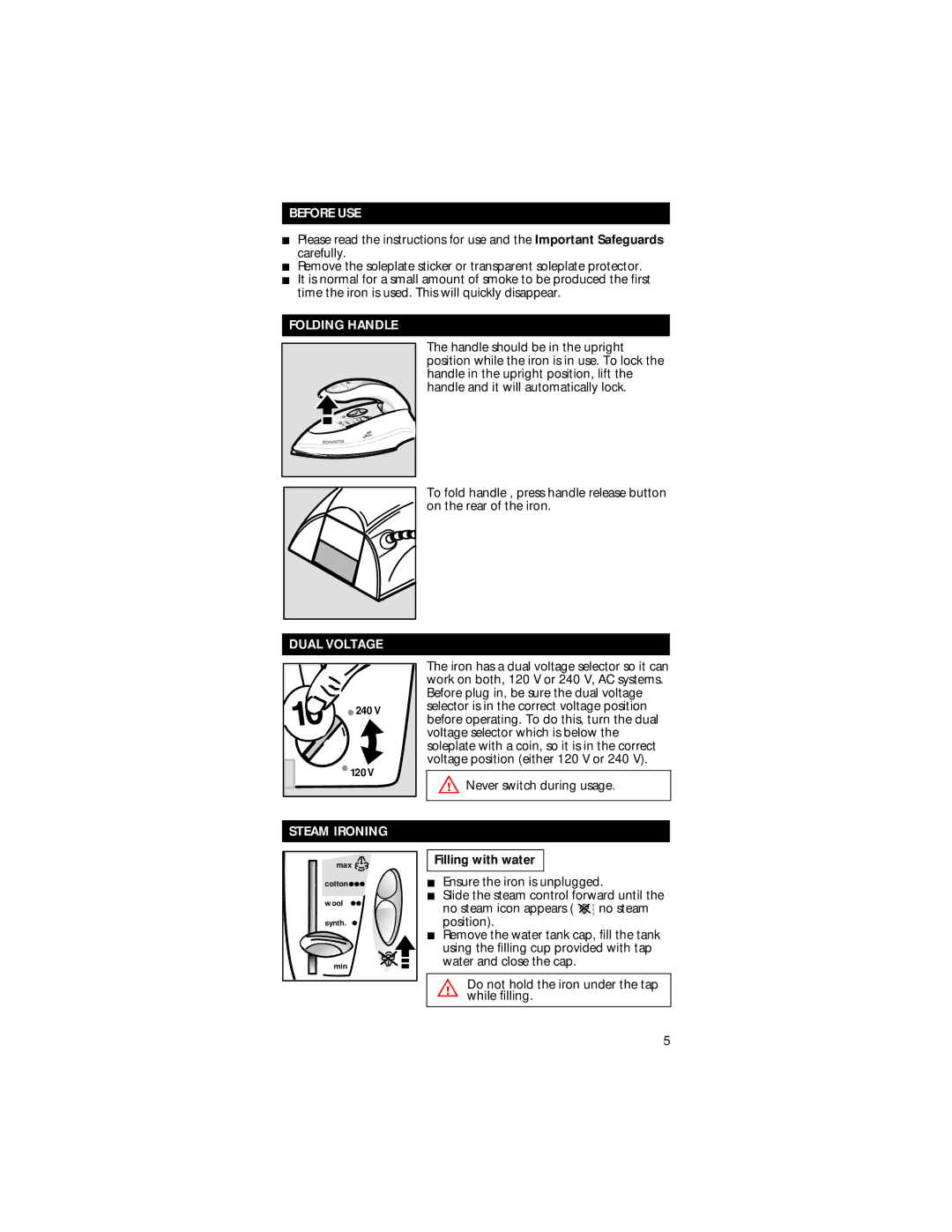 Rowenta Travel Iron manual Before USE, Folding Handle, Dual Voltage, Steam Ironing 