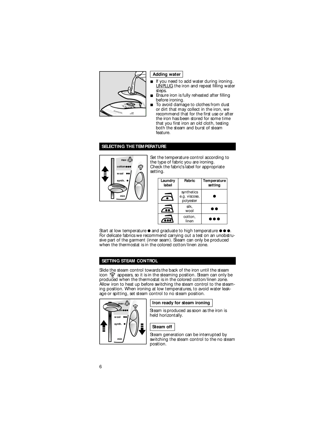 Rowenta Travel Iron manual Adding water, Selecting the Temperature, Setting Steam Control, Iron ready for steam ironing 