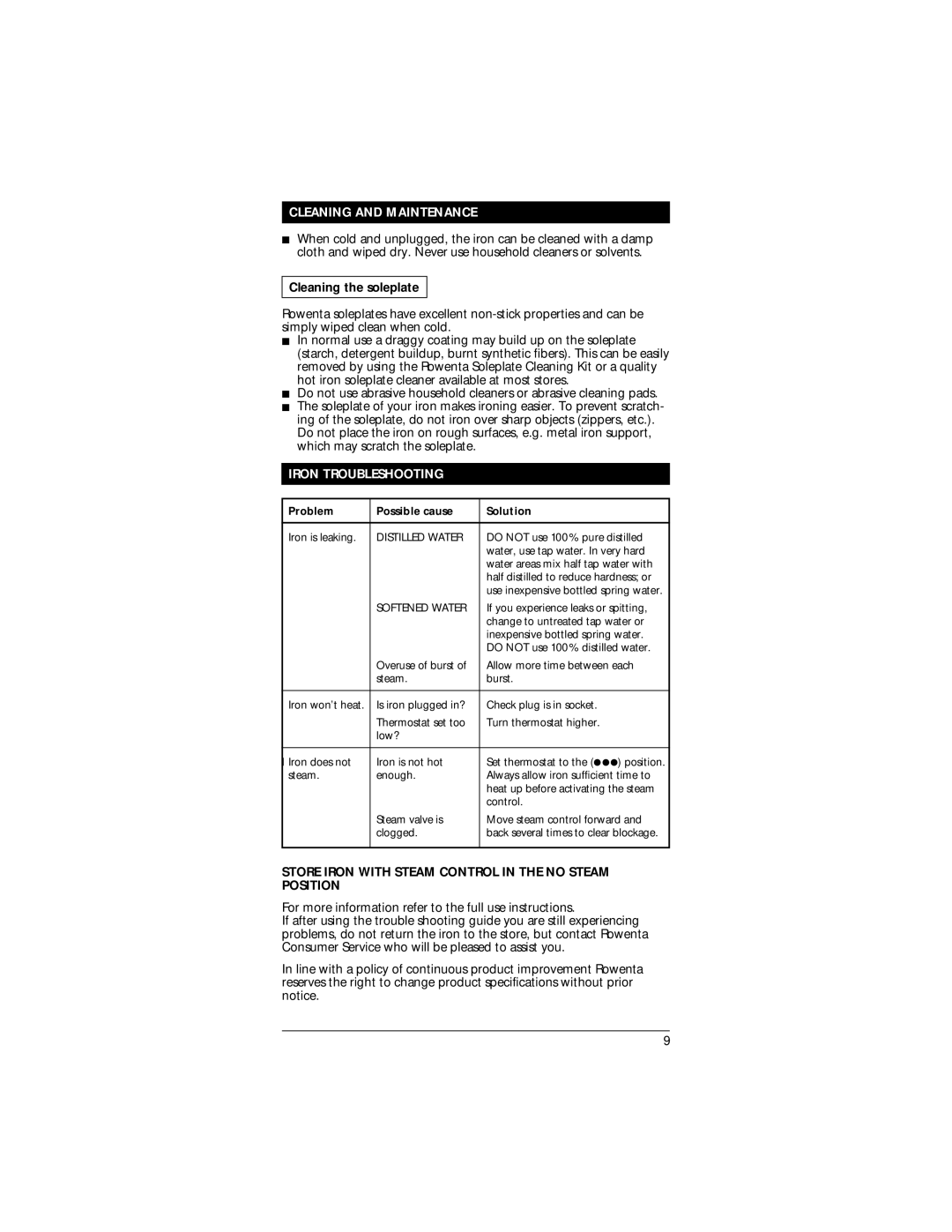 Rowenta Travel Iron manual Cleaning and Maintenance, Cleaning the soleplate, Iron Troubleshooting 