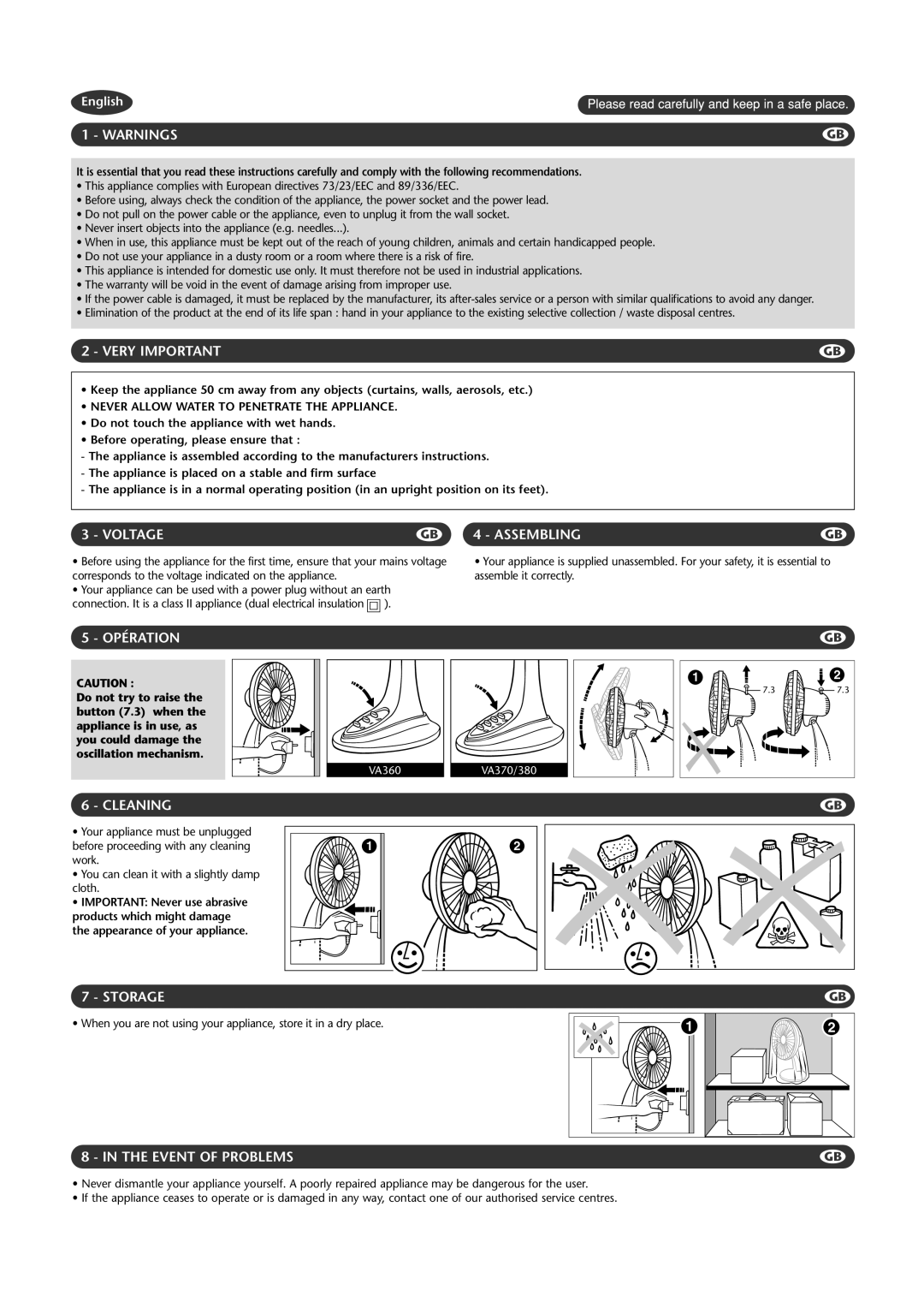 Rowenta VA360 manual Very Important, Voltage Assembling, Opération, Cleaning, Storage, Event of Problems 