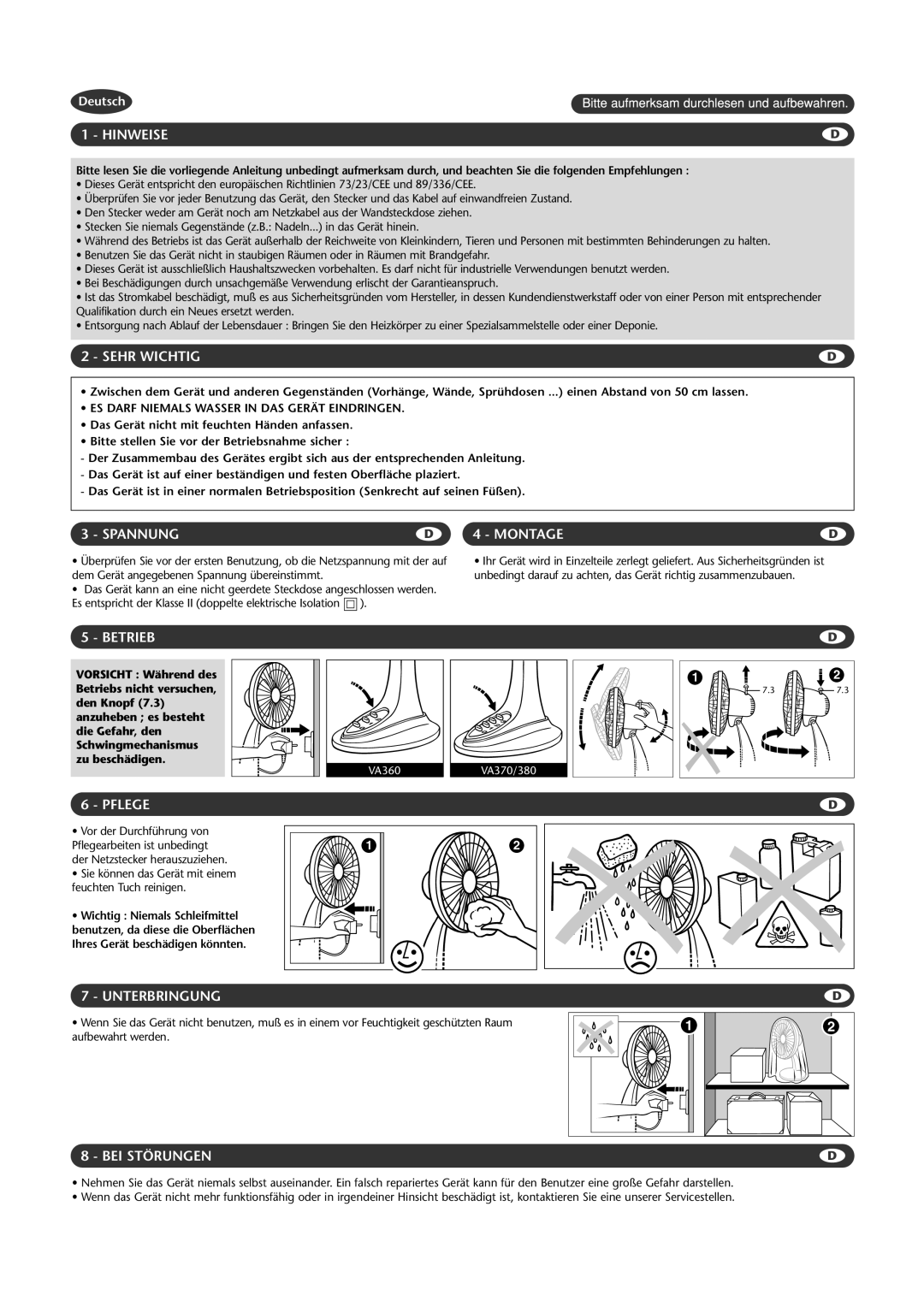 Rowenta VA360 manual Hinweise, Sehr Wichtig, Spannung, Montage, Betrieb, Pflege, Unterbringung, Bei Störungen, Deutsch 