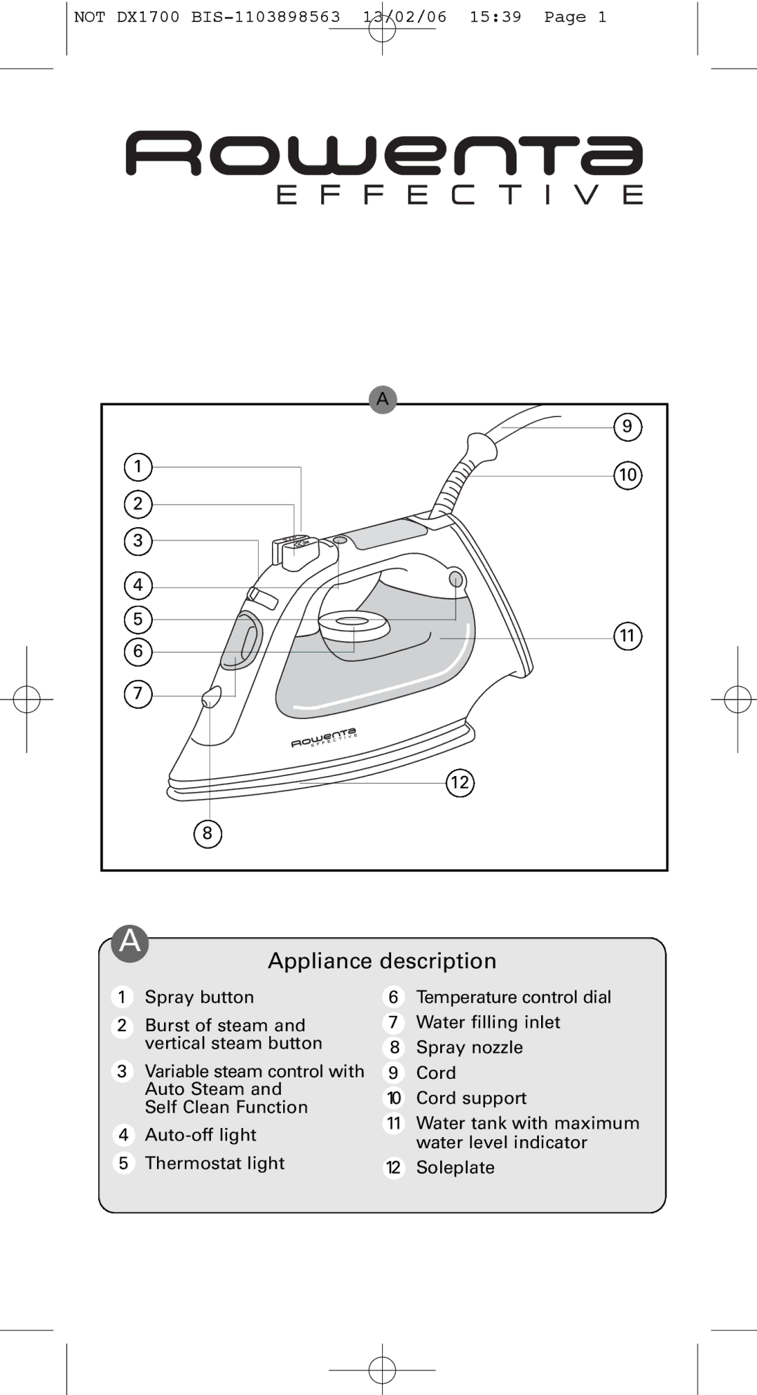 Rowenta Variable steam control iron manual Appliance description 