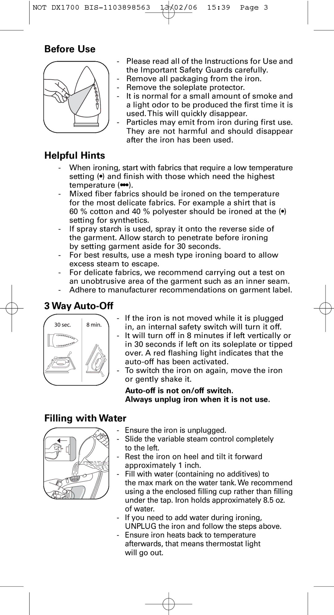 Rowenta Variable steam control iron manual Before Use, Helpful Hints, Way Auto-Off, Filling with Water 