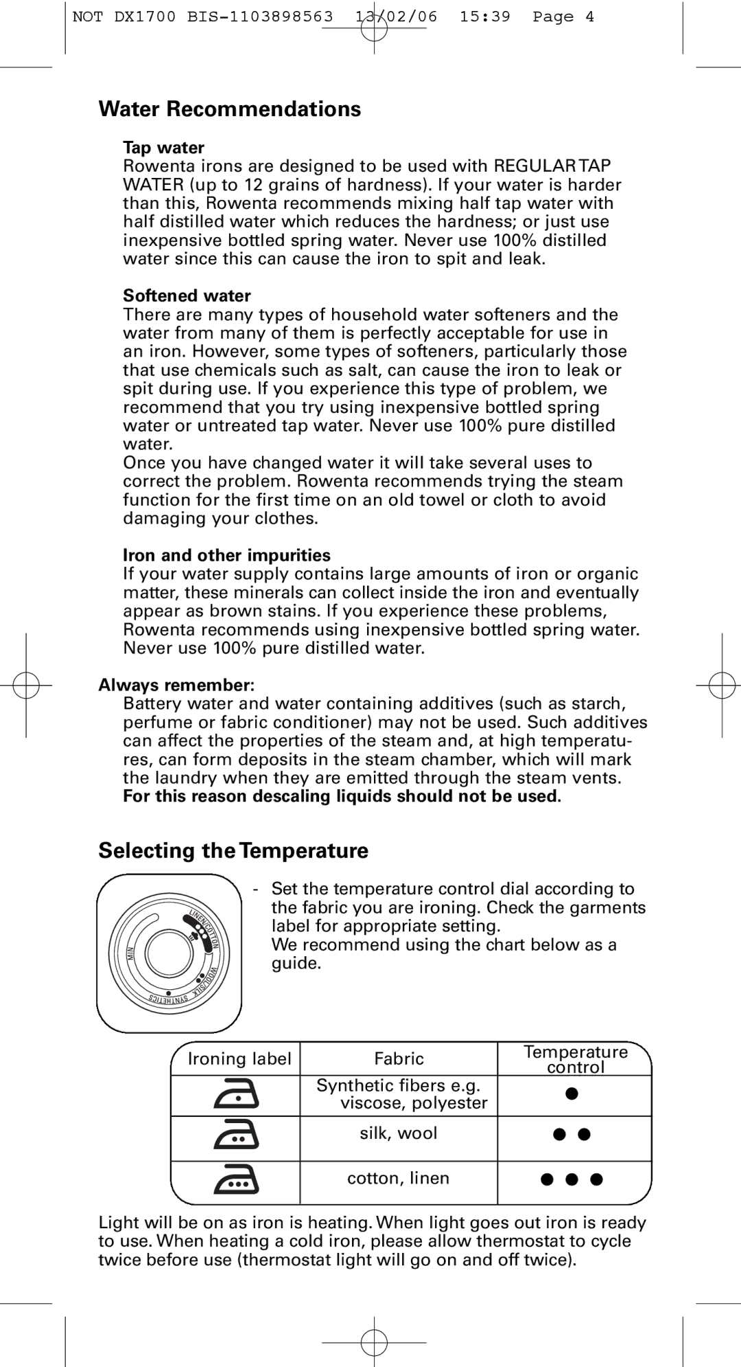 Rowenta Variable steam control iron manual Water Recommendations, Selecting the Temperature 