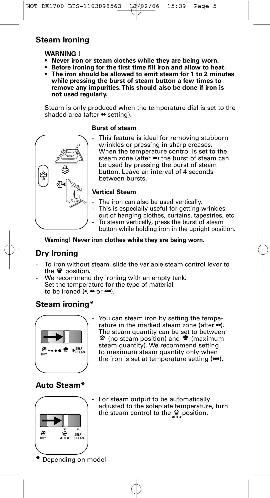 Rowenta Variable steam control iron manual Steam Ironing, Dry Ironing, Auto Steam, Burst of steam, Vertical Steam 