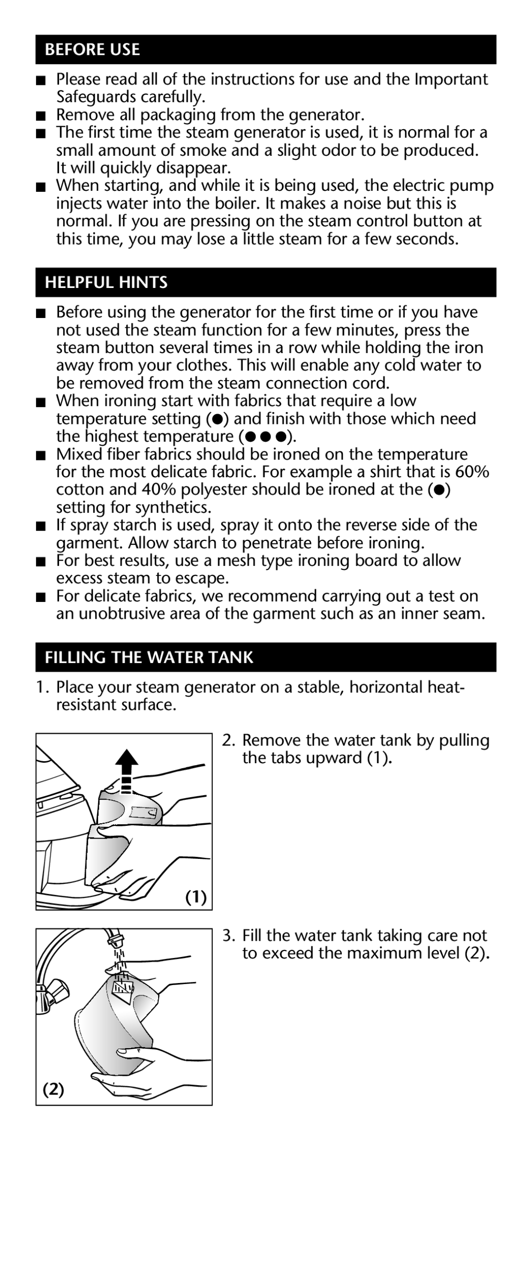 Rowenta Werke manual Before USE, Helpful Hints, Filling the Water Tank 