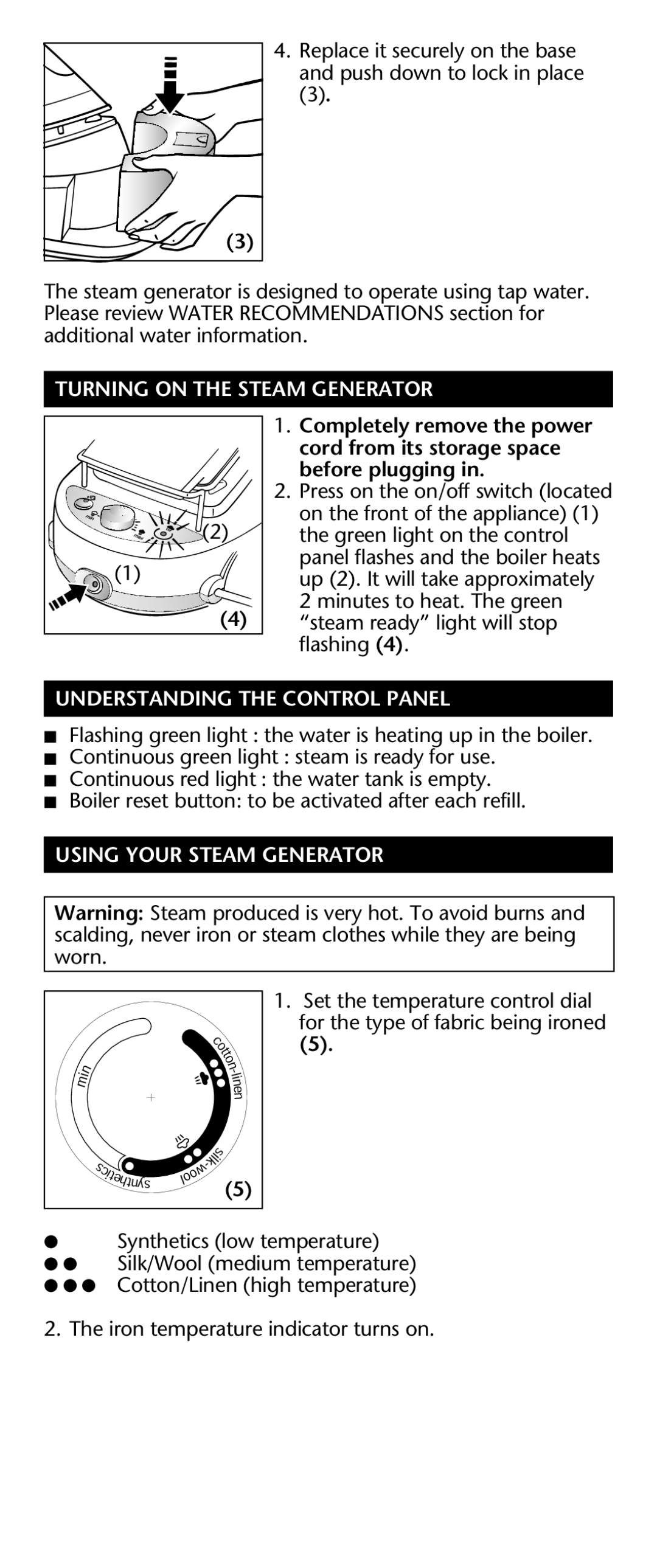 Rowenta Werke manual Turning on the Steam Generator, Understanding the Control Panel, Using Your Steam Generator 