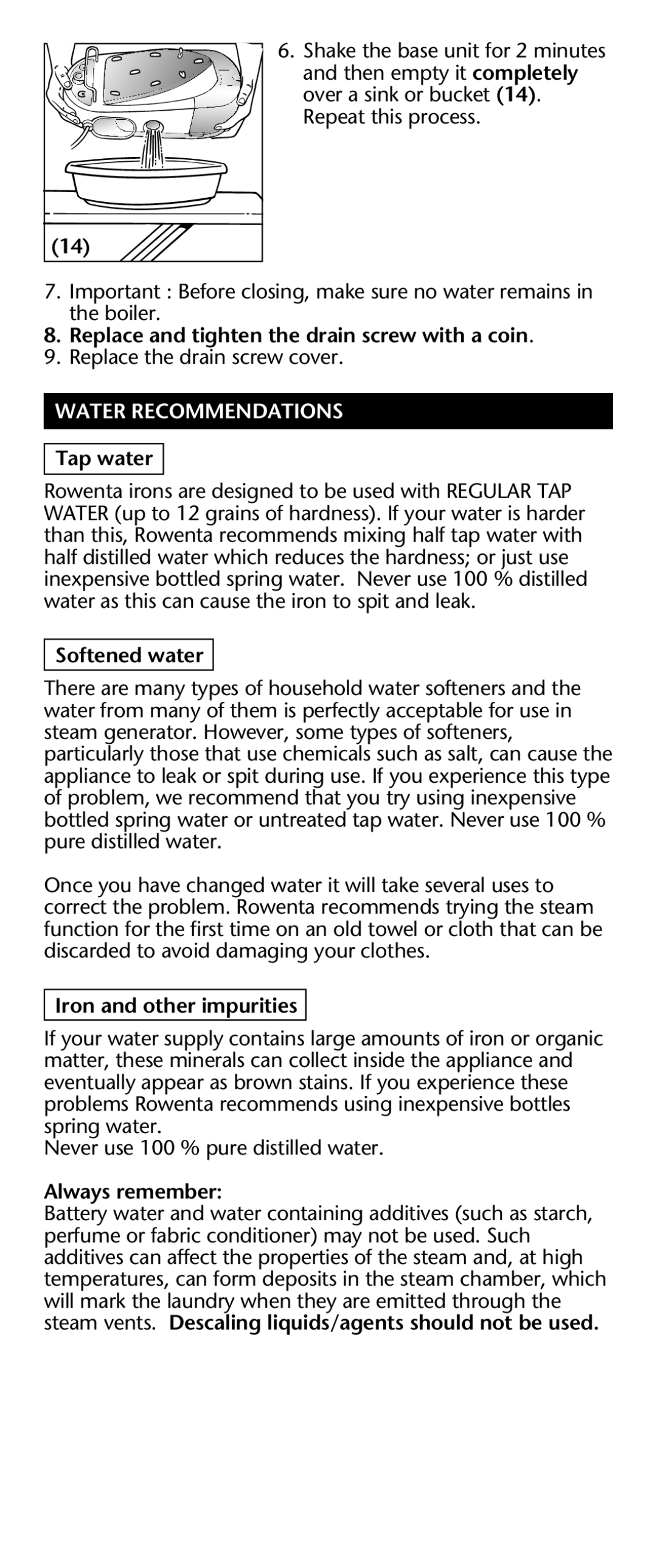 Rowenta Werke manual Water Recommendations 